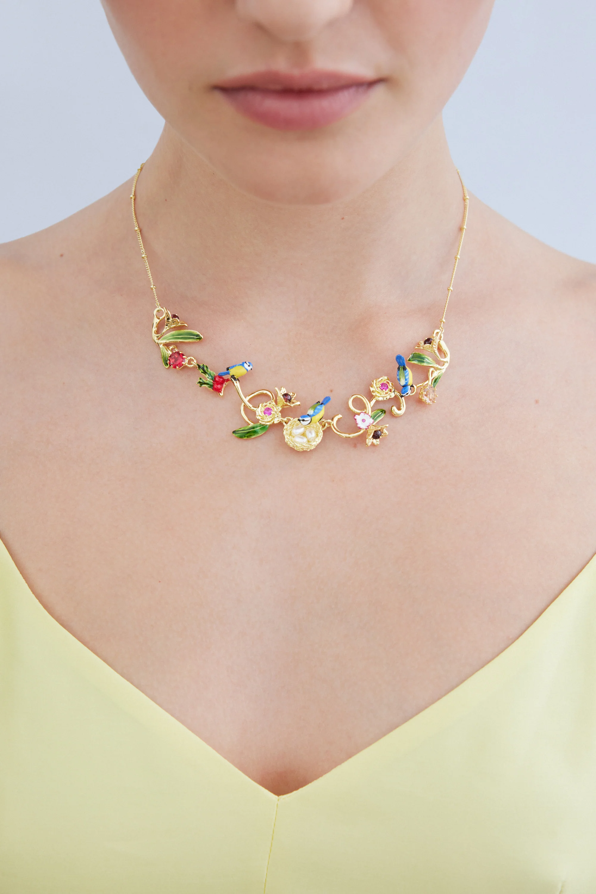 Gold Nest Necklace with Blue Tits, Pearls and Pink Stones - Image 2