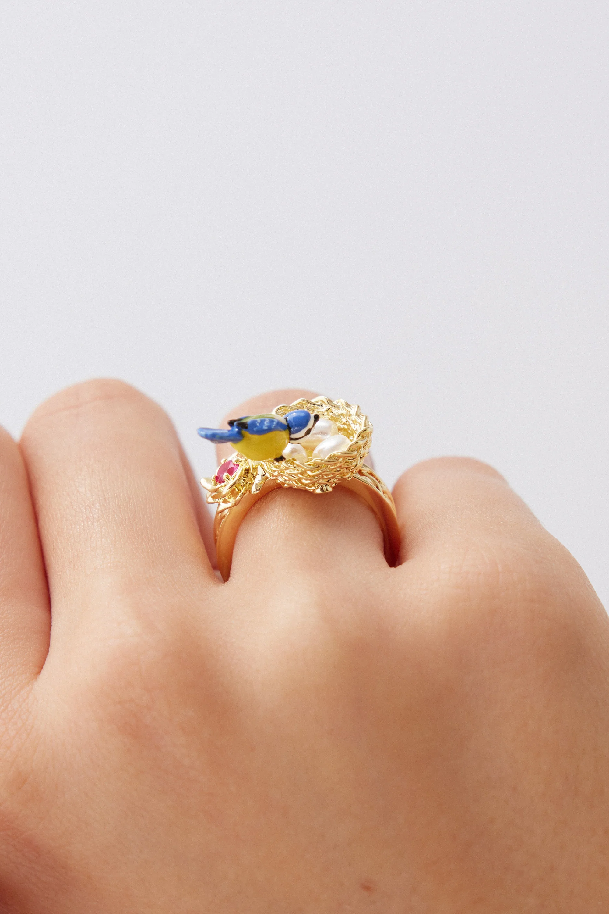 Gold Nest Ring with Blue Tit and Rose - Image 3