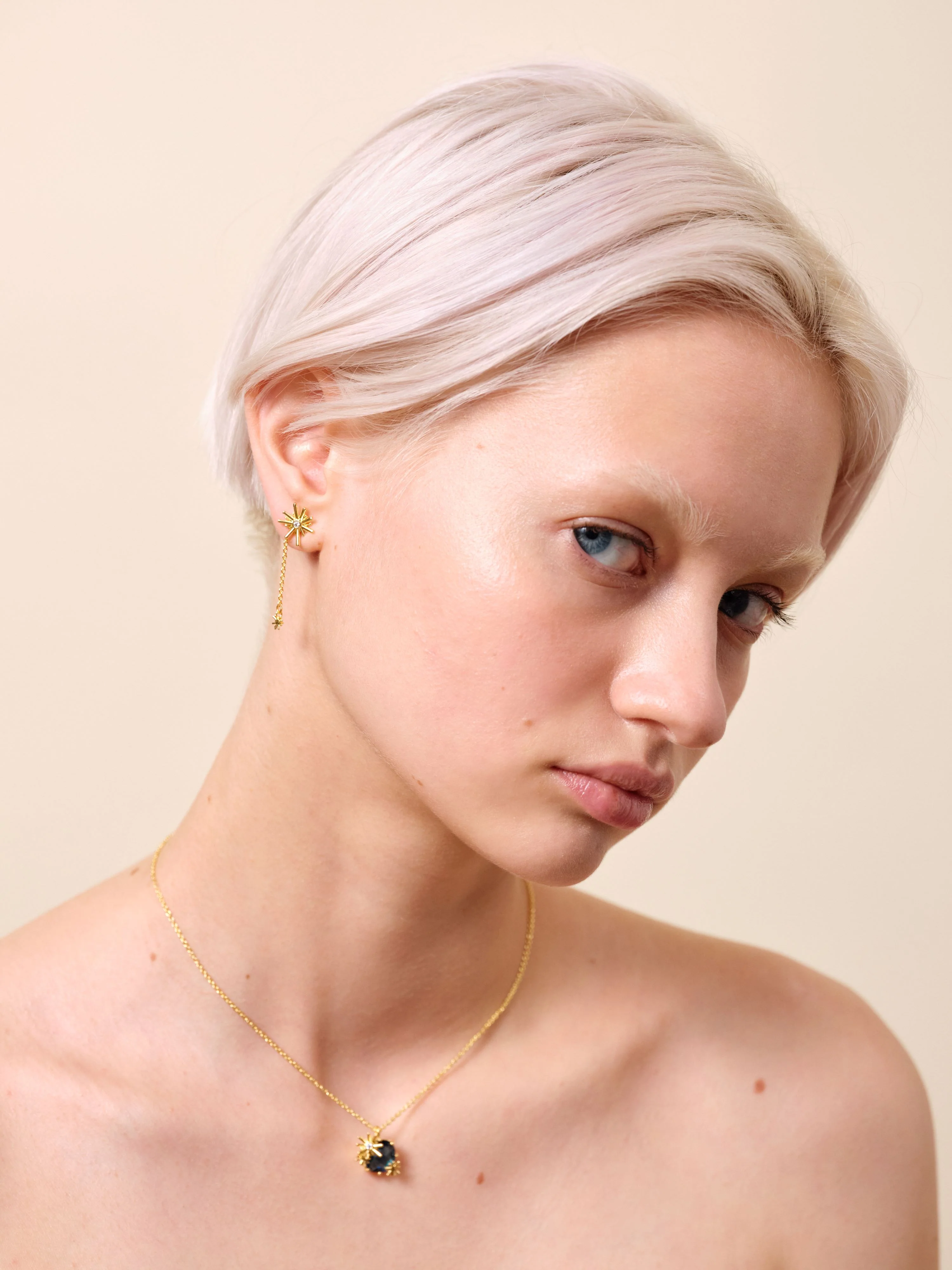 Gold Stars and White Stone Dangling Post Earrings - Image 4