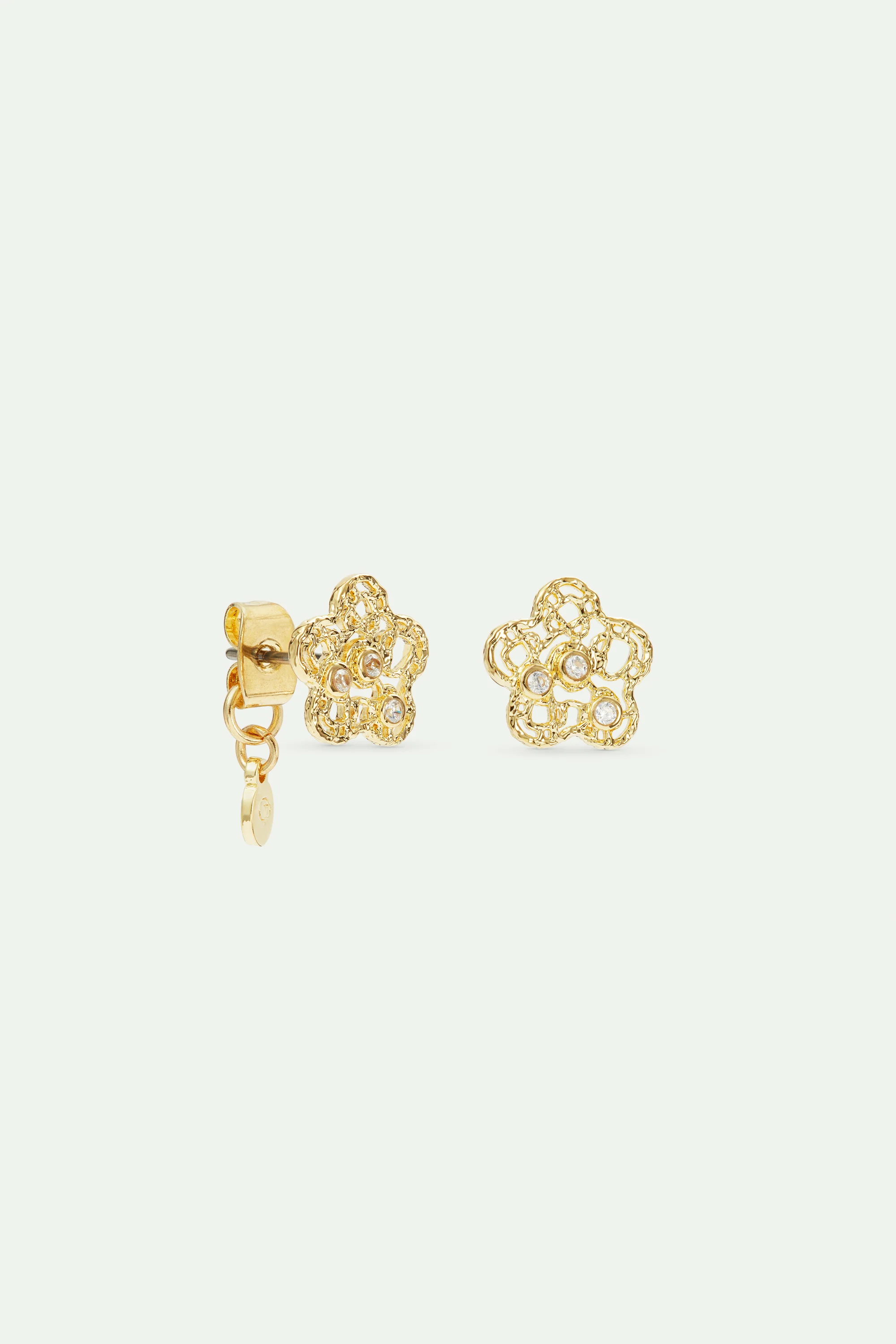 Golden Filigree Flower and Crystal Post Earrings - Image 2