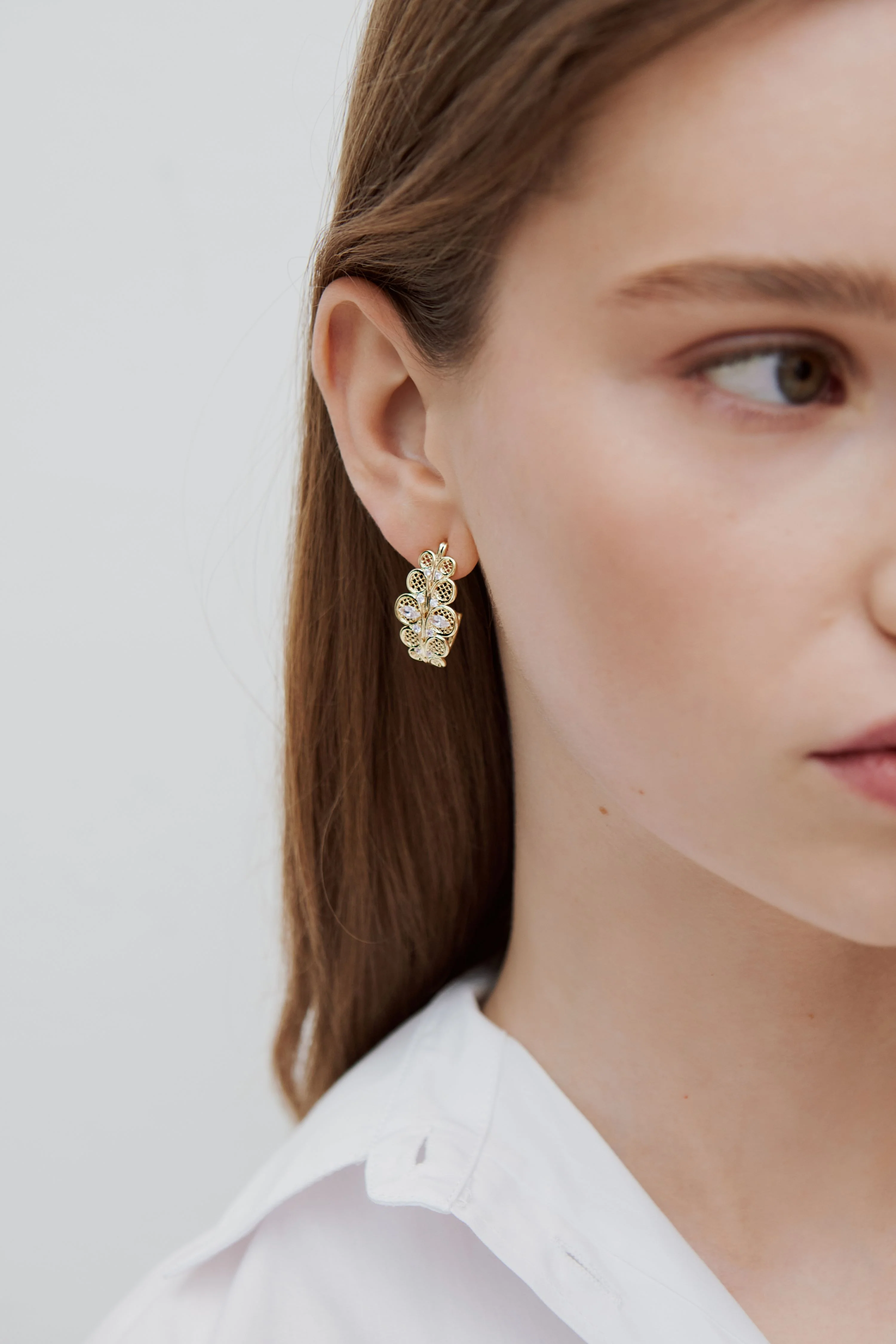 Golden Filigree Hoop Post Earrings with Crystals - Image 3