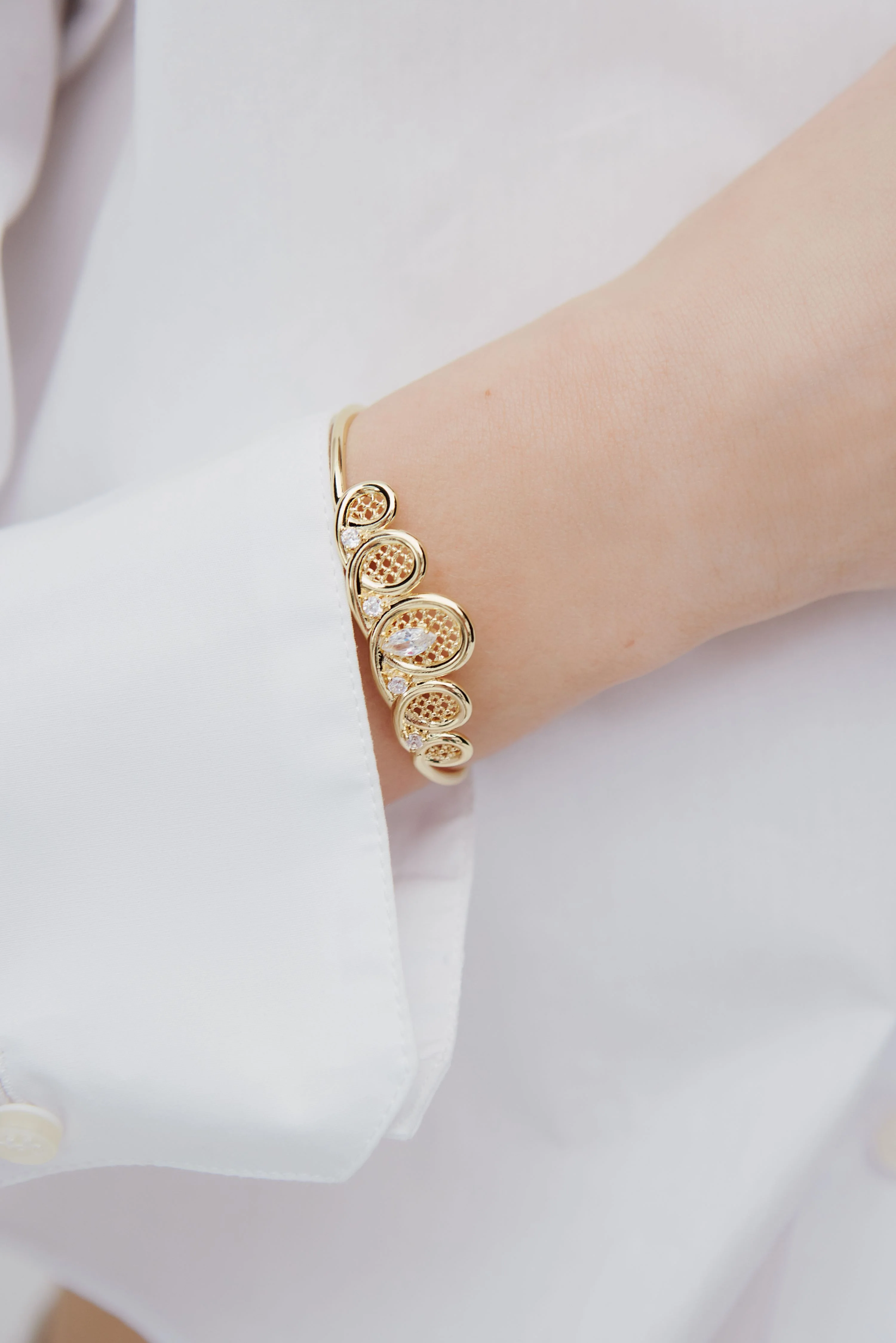 Golden Filigree Tiara Cuff Bracelet with Crystals - Image 3