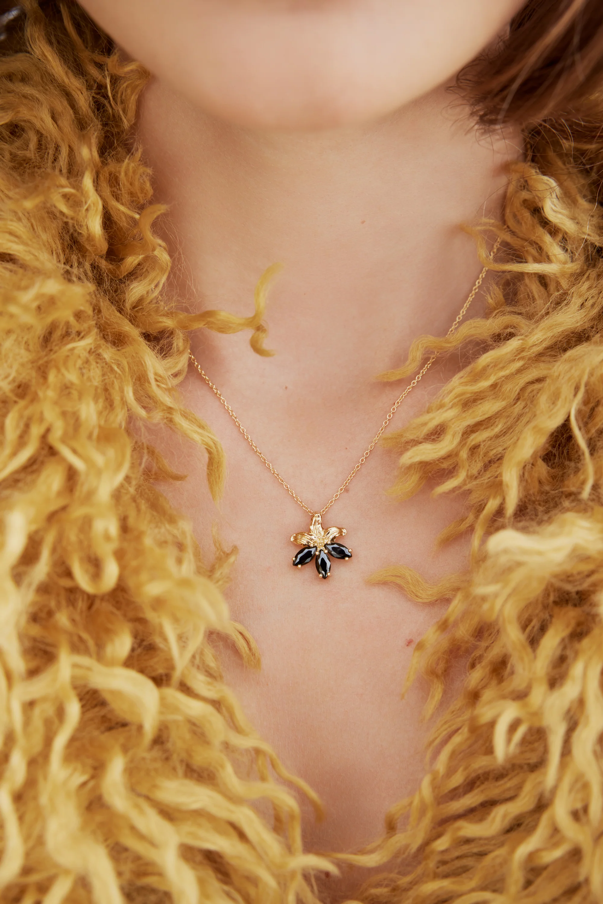 Golden Lily and Black Stone Pendant Necklace - Image 4