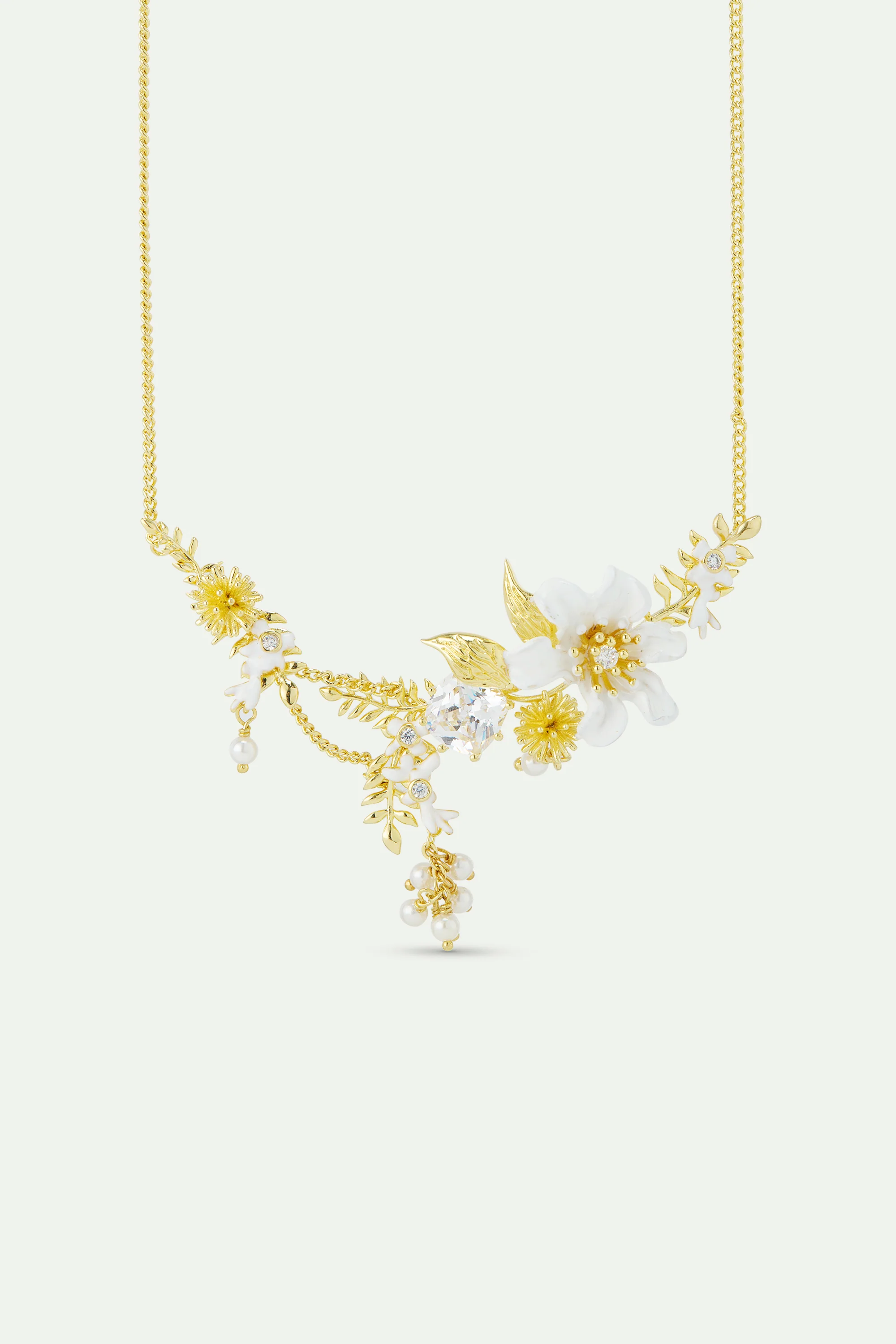 Large Clematis Flower, Laurel, Japanese Kerria and Cultured Pearls Statement Necklace