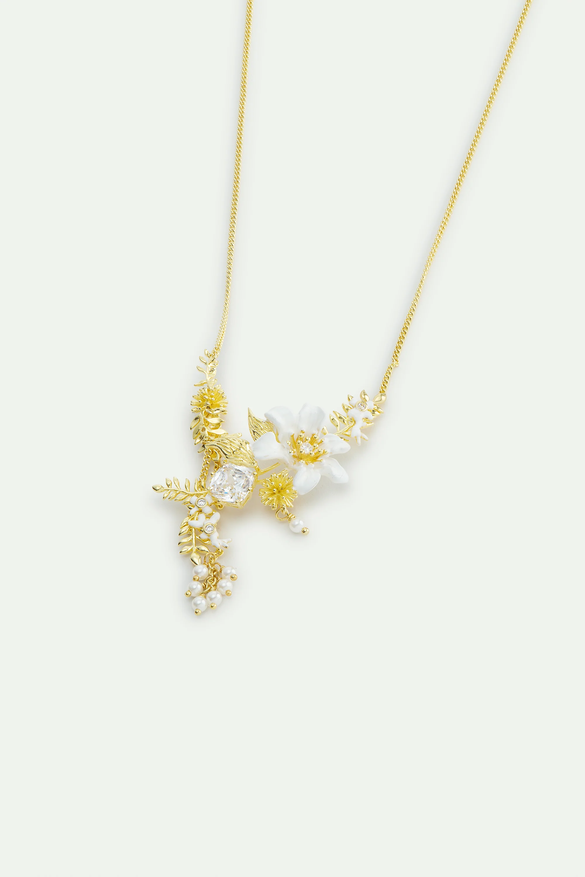 Large Clematis Flower, Laurel, Japanese Kerria and Cultured Pearls Statement Necklace - Image 2