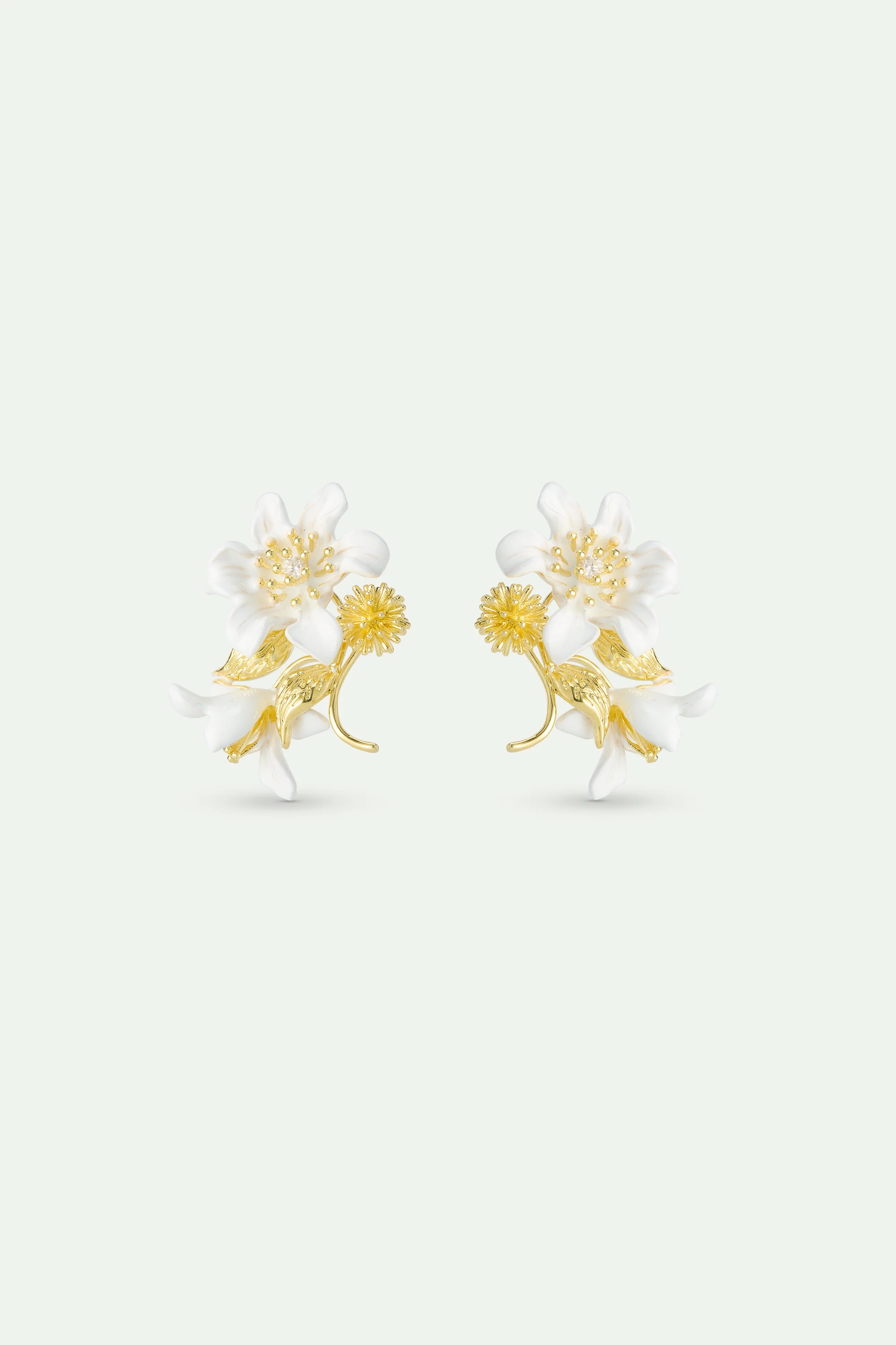 Large White Clematis, Laurel and Japanese Kerria Clip-On Earrings