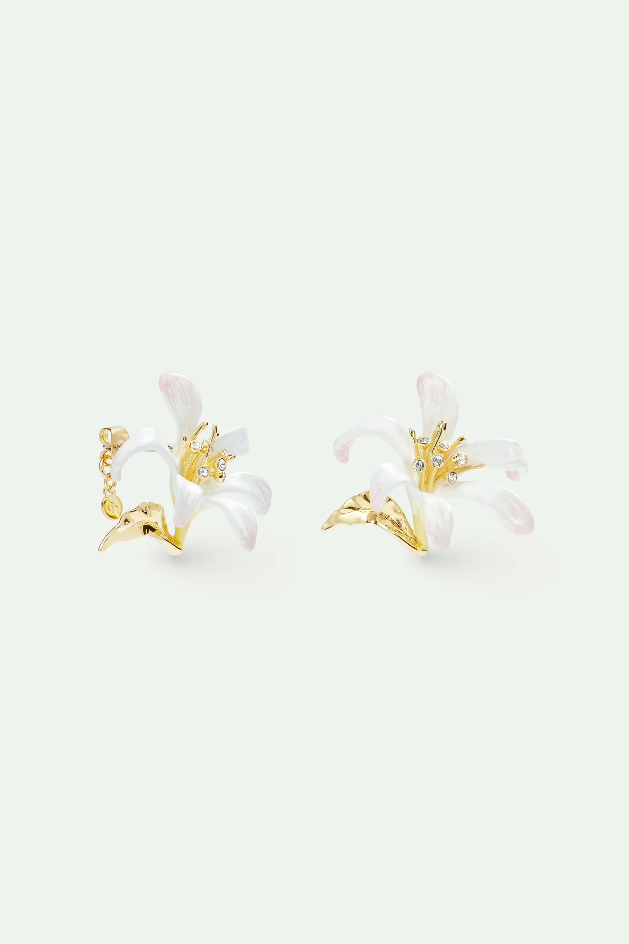 Large White Lily Earrings and Golden Leaves Post Earrings - Image 2