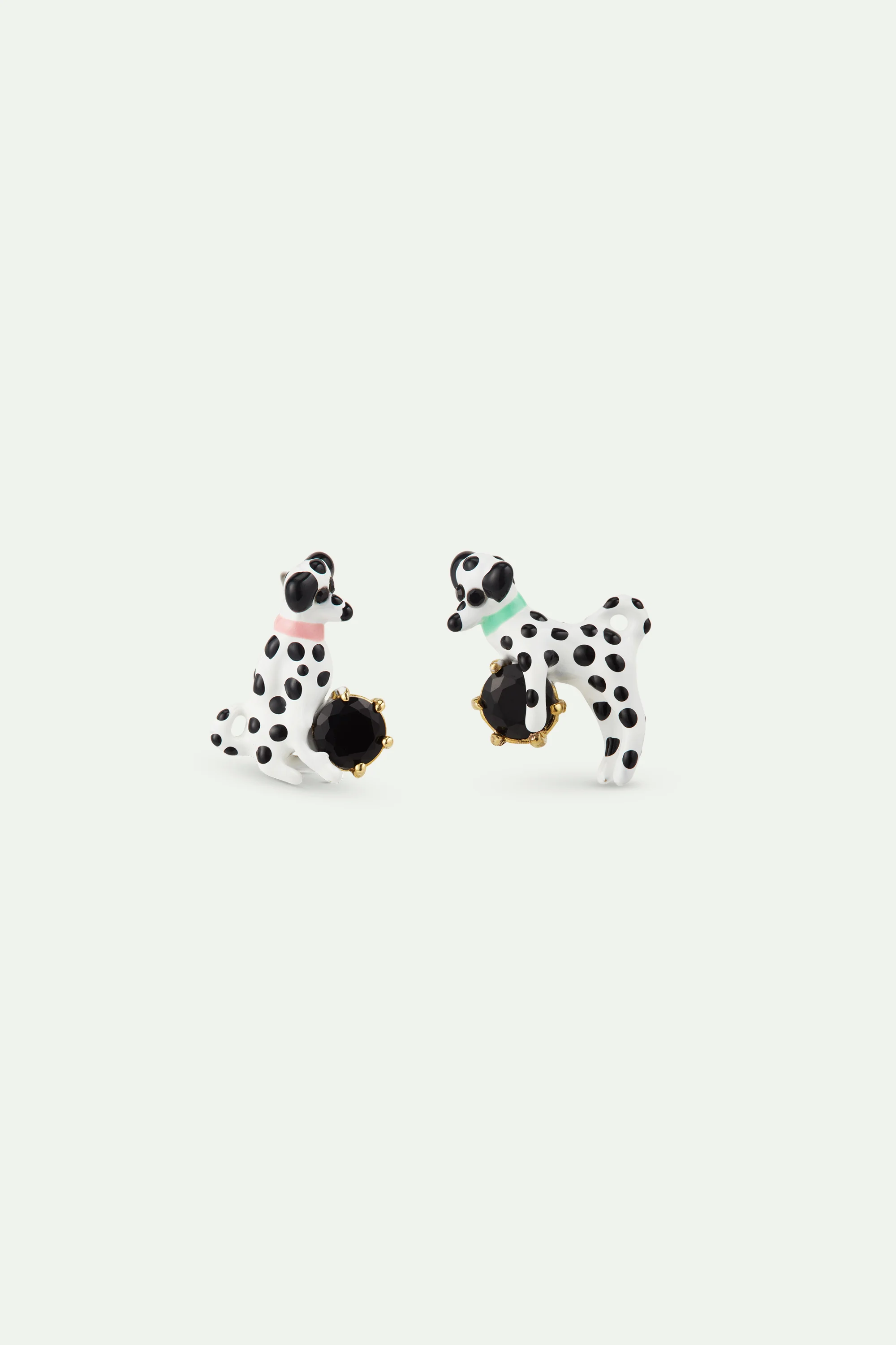 Les Néréides Loves Animals - Asymmetrical Post Earrings with Dalmatian and Black Round Faceted Stone