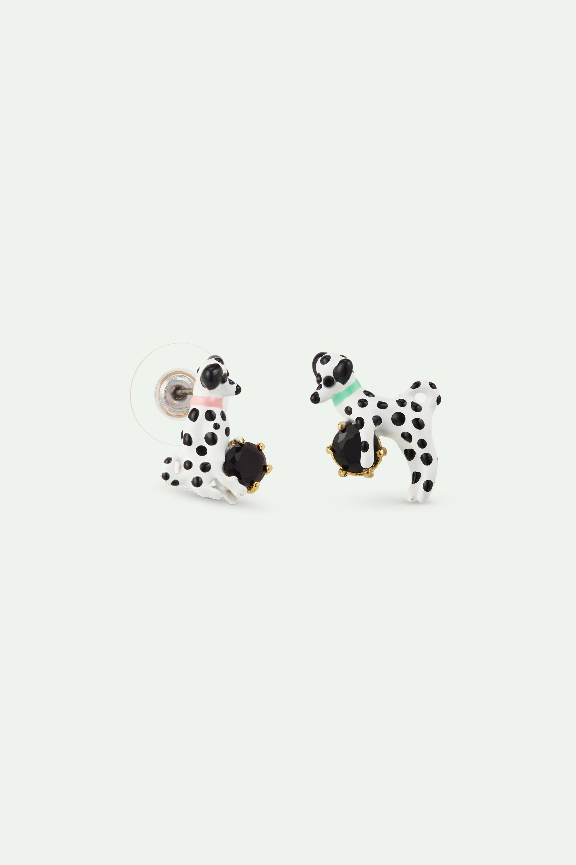 Les Néréides Loves Animals - Asymmetrical Post Earrings with Dalmatian and Black Round Faceted Stone - Image 2