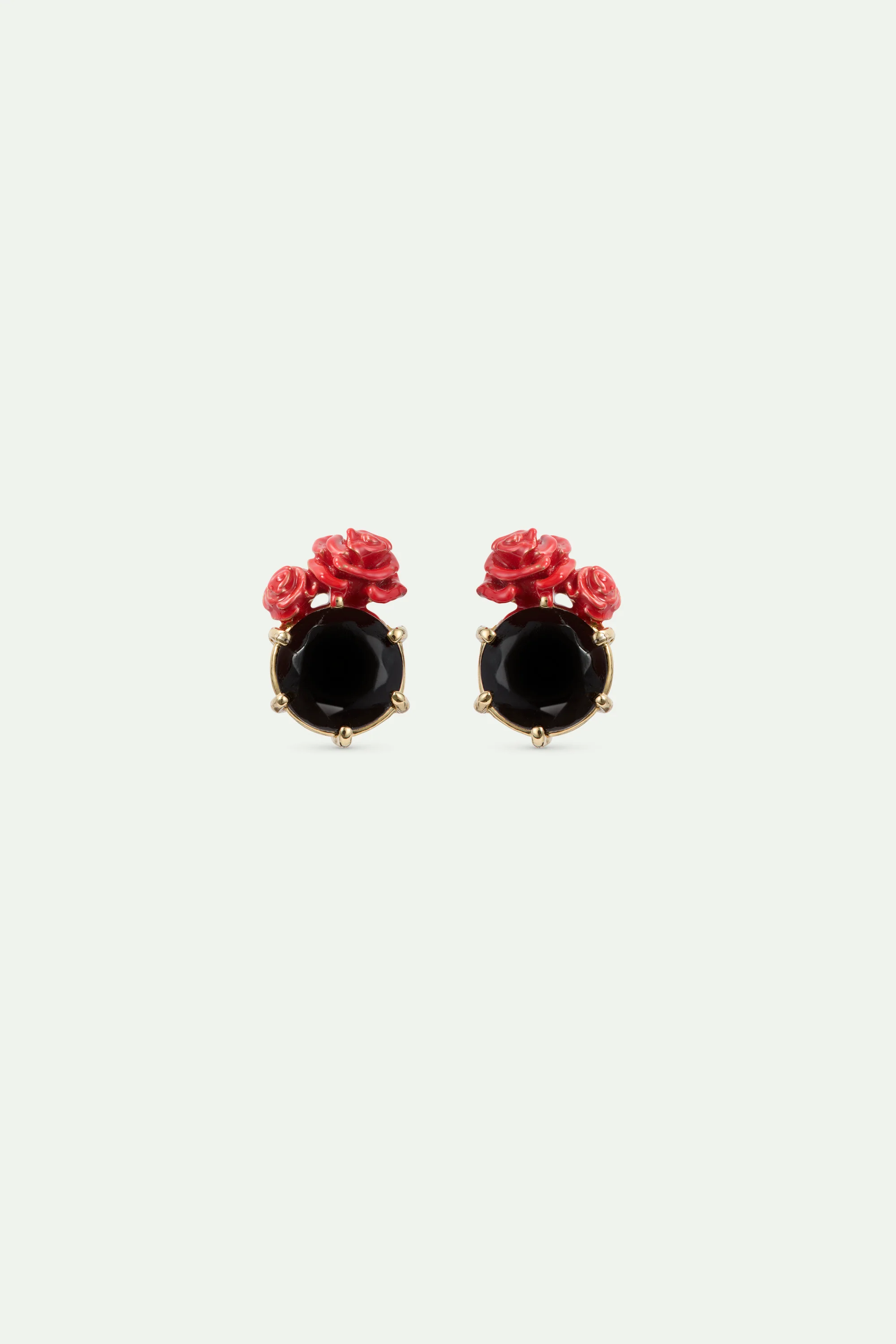 Les Néréides Loves Animals - Black Faceted Stone and Red Rose Post Earrings