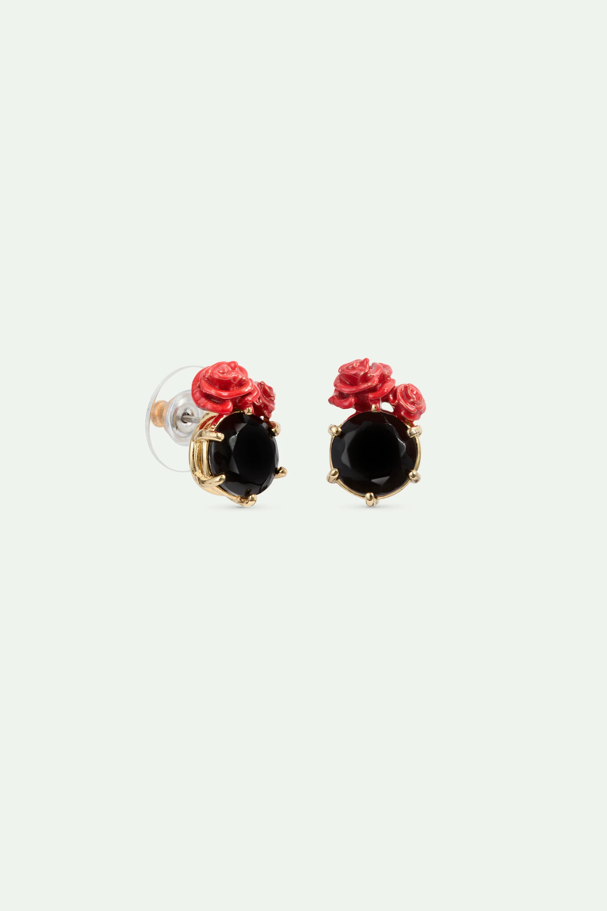 Les Néréides Loves Animals - Black Faceted Stone and Red Rose Post Earrings - Image 2