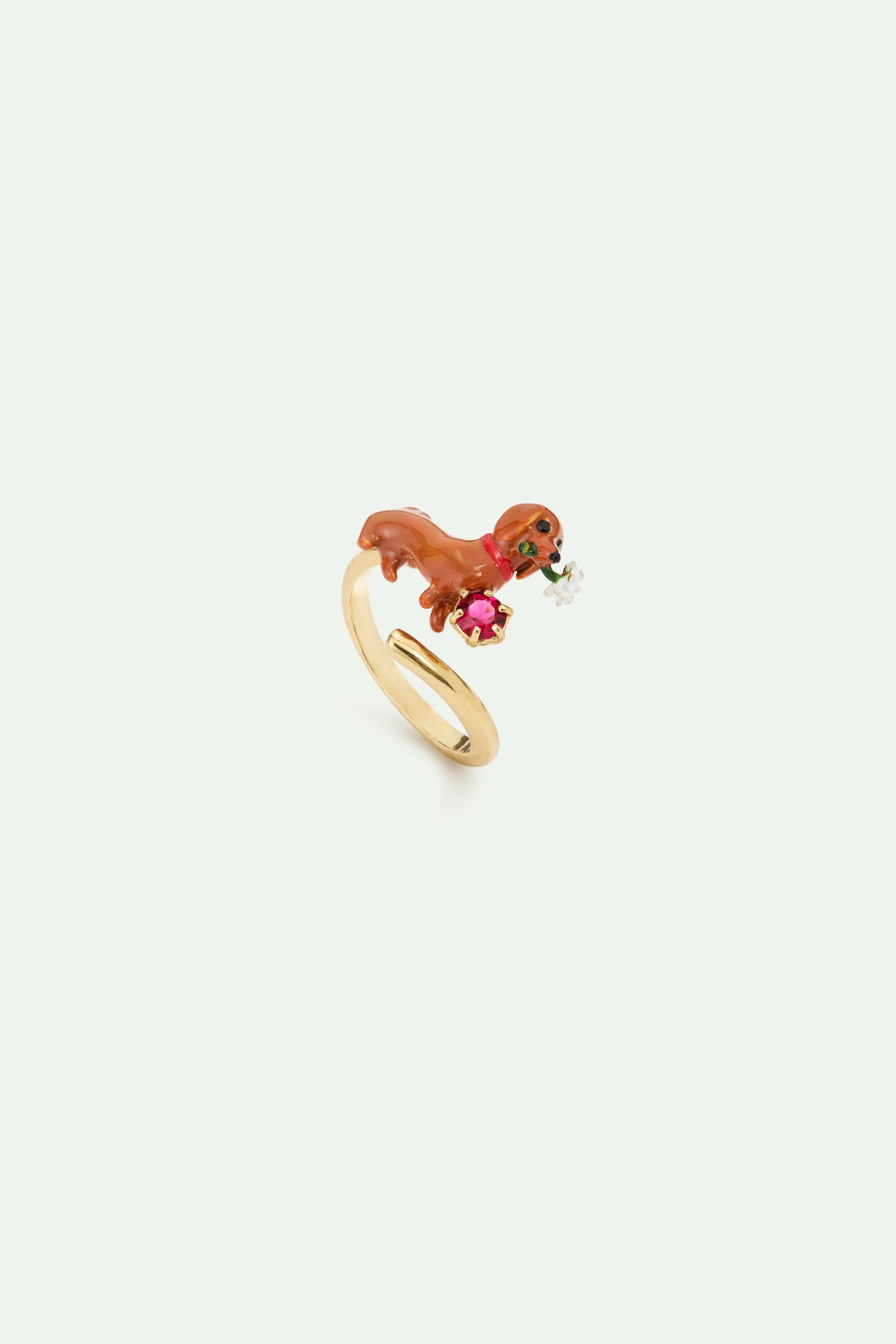Les Néréides Loves Animals - Dachshund, Daisy and Pink Stone Adjustable Ring