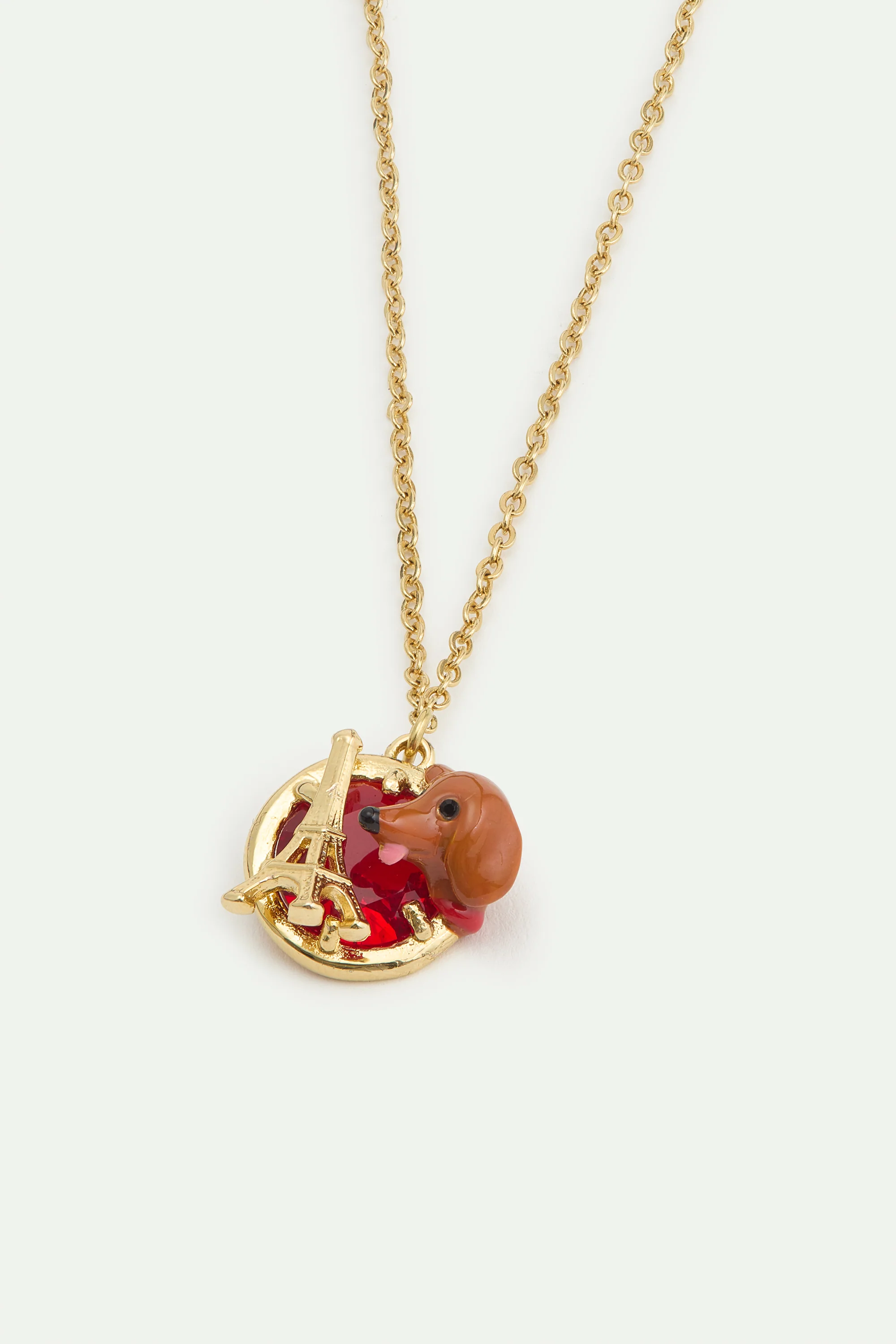 Les Néréides Loves Animals - Dachshund Fine Bracelet with Eiffel Tower and Garnet Red Stone - Image 2