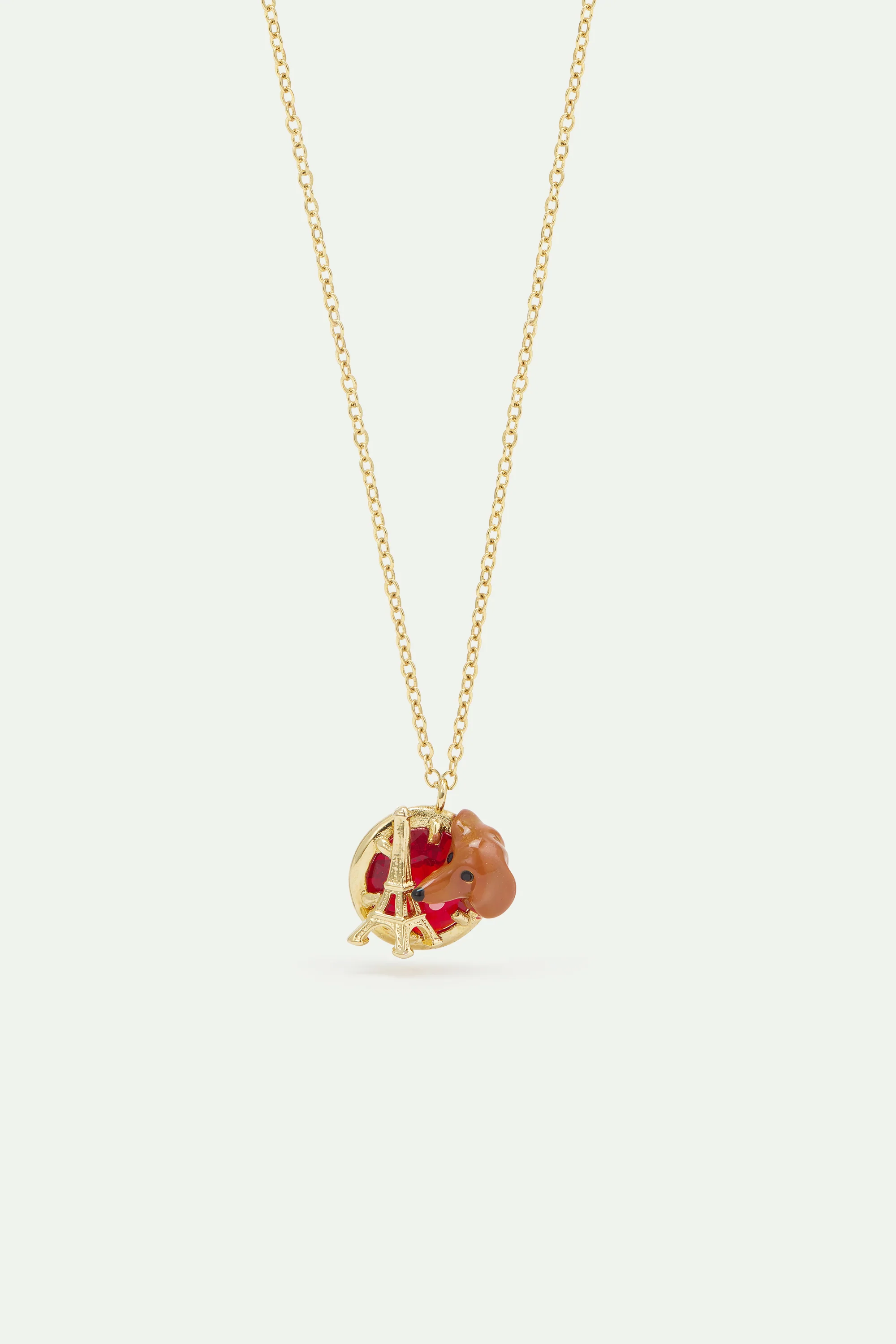 Les Néréides Loves Animals - Dachshund Pendant Necklace with Eiffel Tower and Garnet Red Stone
