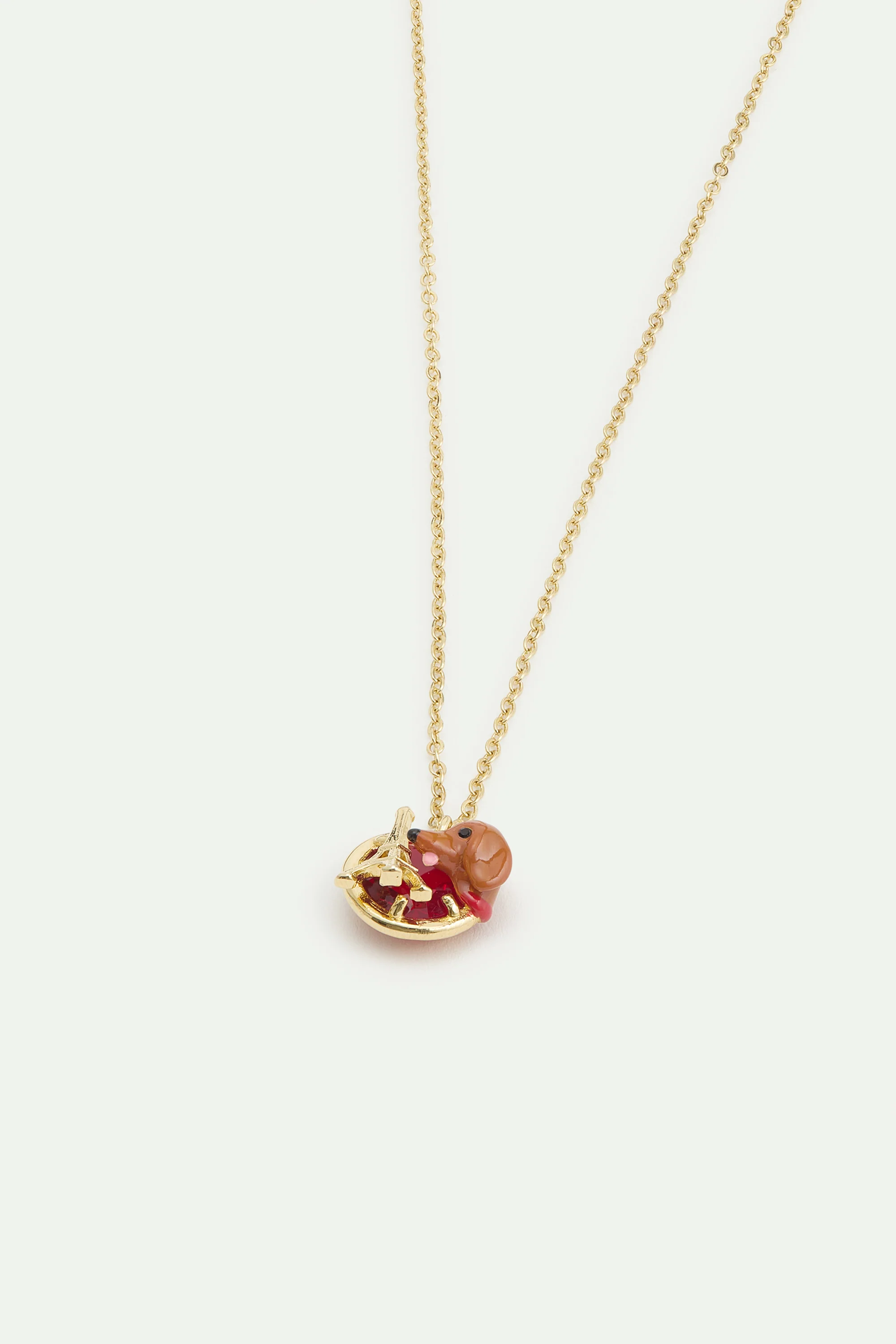 Les Néréides Loves Animals - Dachshund Pendant Necklace with Eiffel Tower and Garnet Red Stone - Image 2