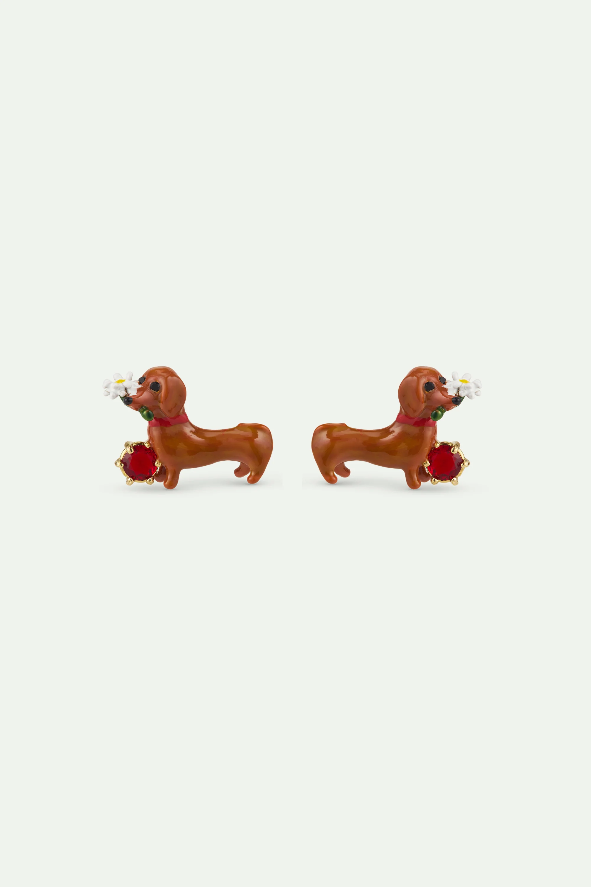 Les Néréides Loves Animals - Dachshund Post Earrings with Daisy and Garnet Red Stone