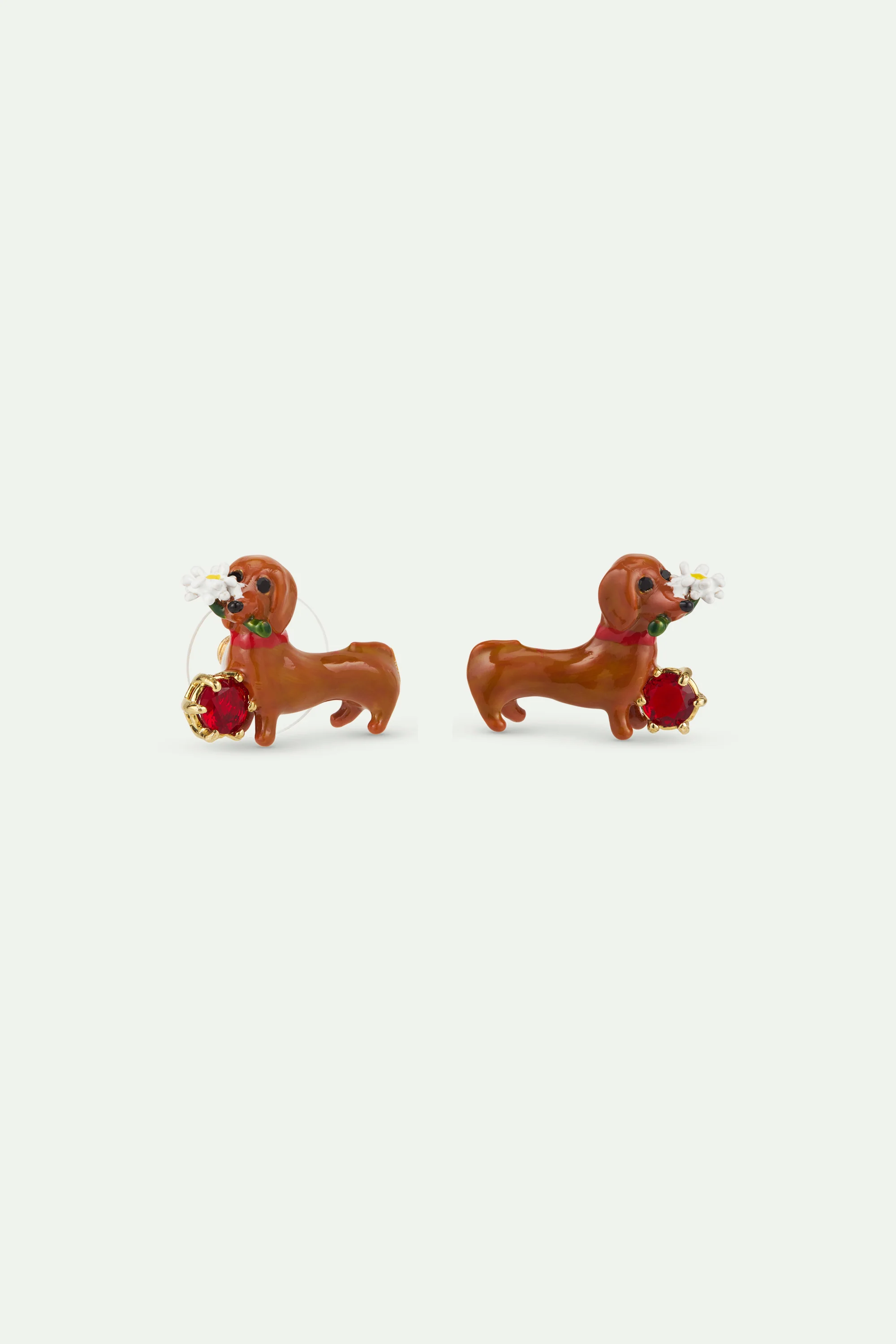 Les Néréides Loves Animals - Dachshund Post Earrings with Daisy and Garnet Red Stone - Image 2