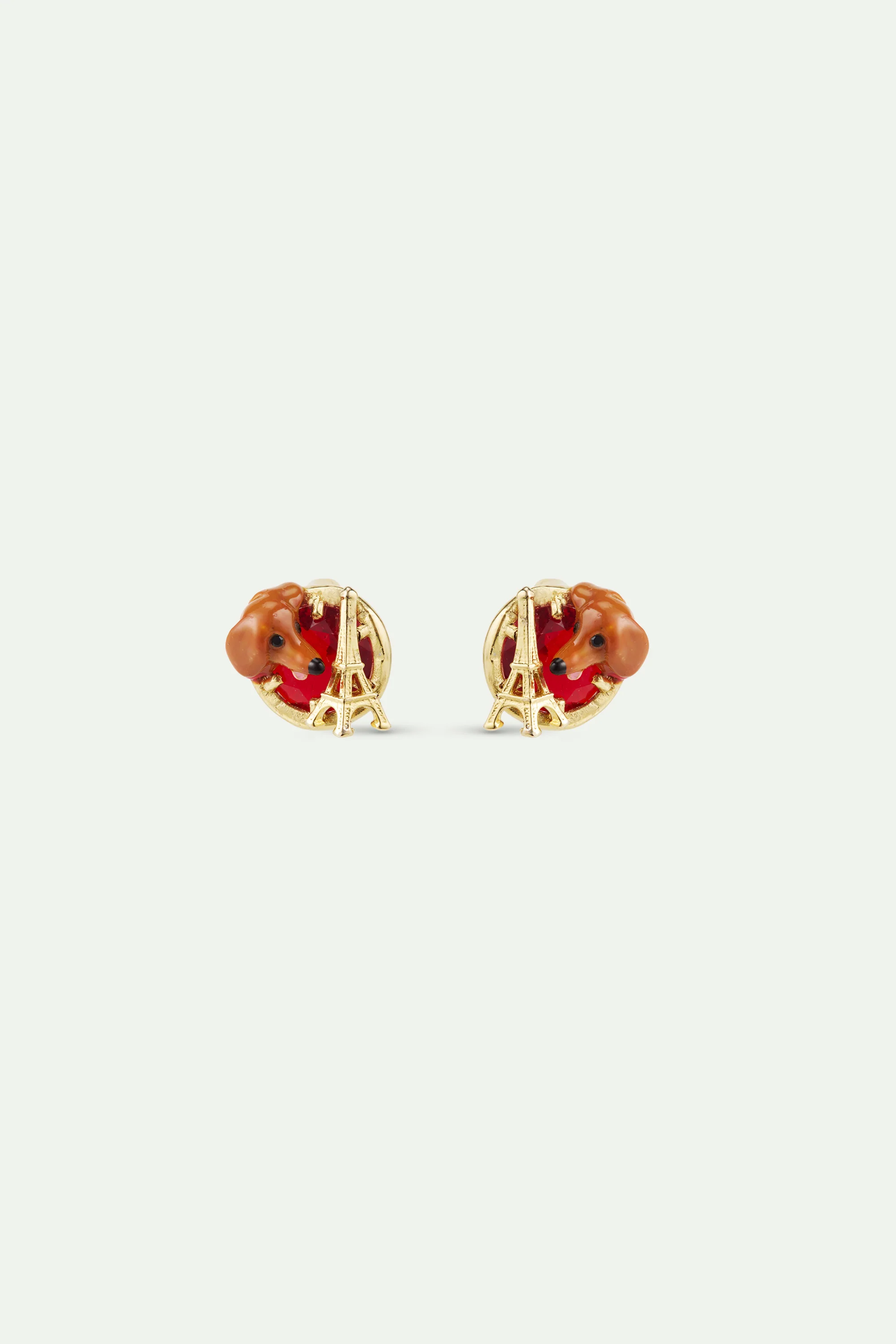Les Néréides Loves Animals - Dachshund Post Earrings with Eiffel Tower and Garnet Red Stone