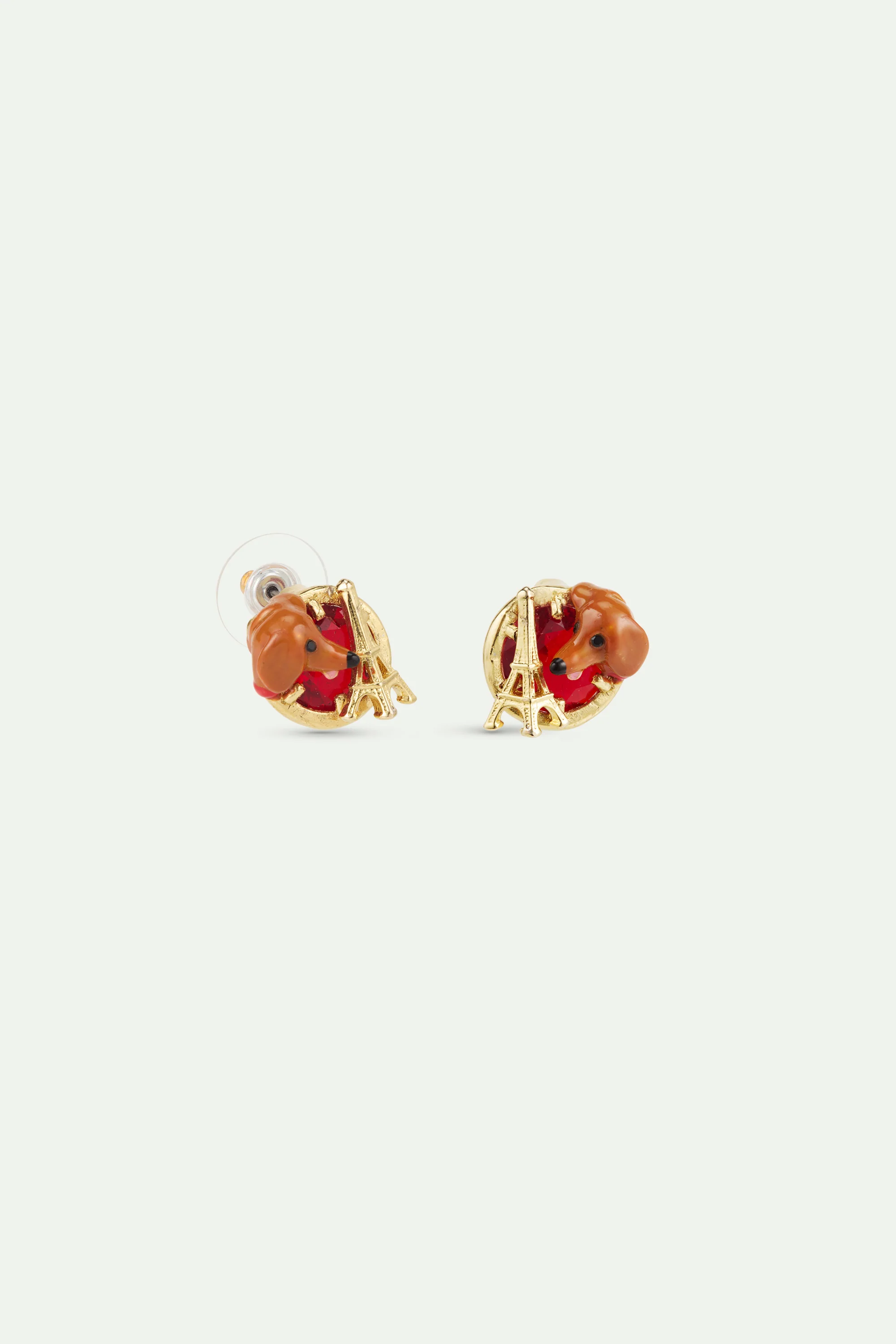 Les Néréides Loves Animals - Dachshund Post Earrings with Eiffel Tower and Garnet Red Stone - Image 2