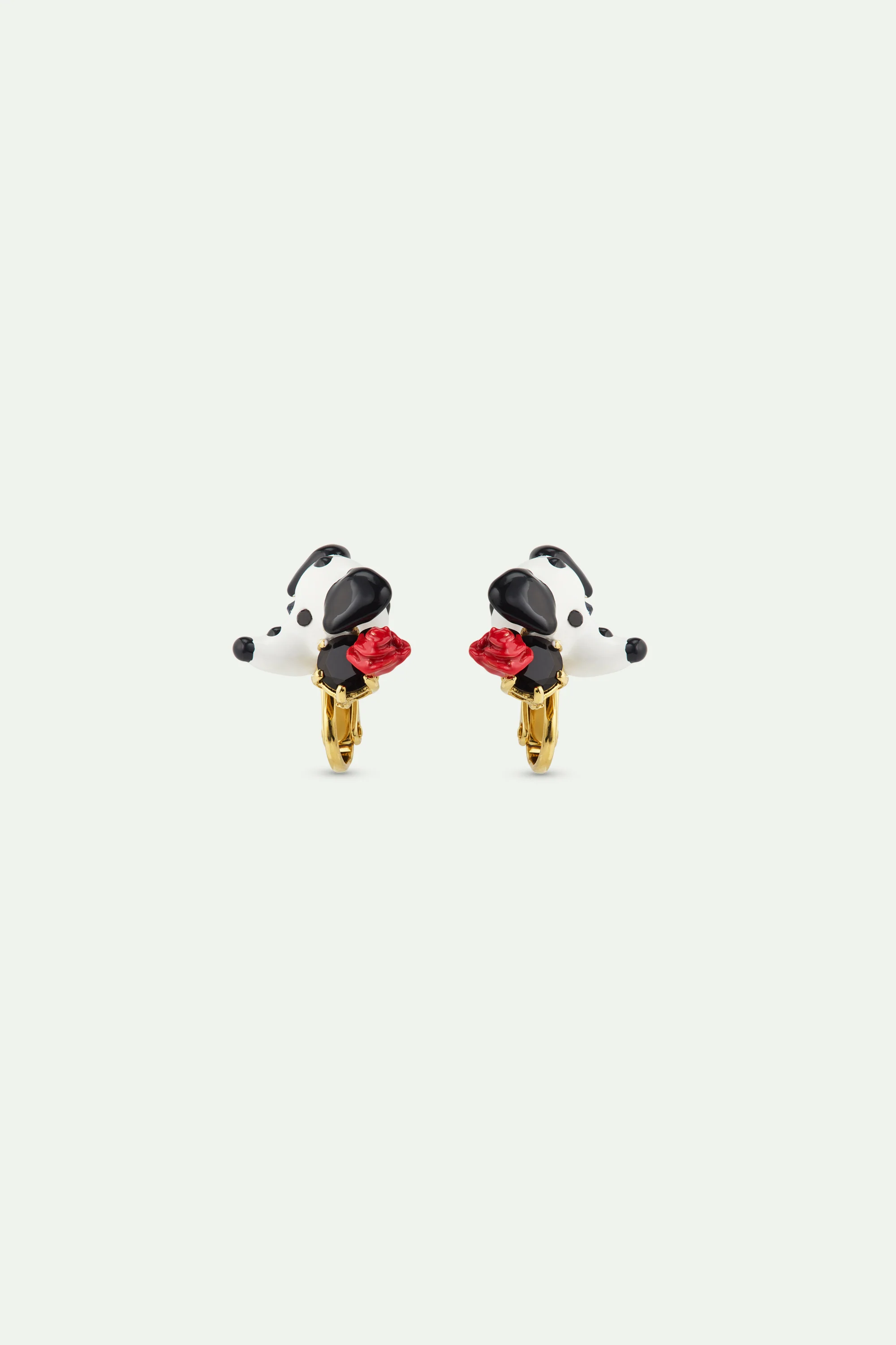 Les Néréides Loves Animals - Dalmatian Clip-On Earrings with Black Round Faceted Glass Stone and Red Rose