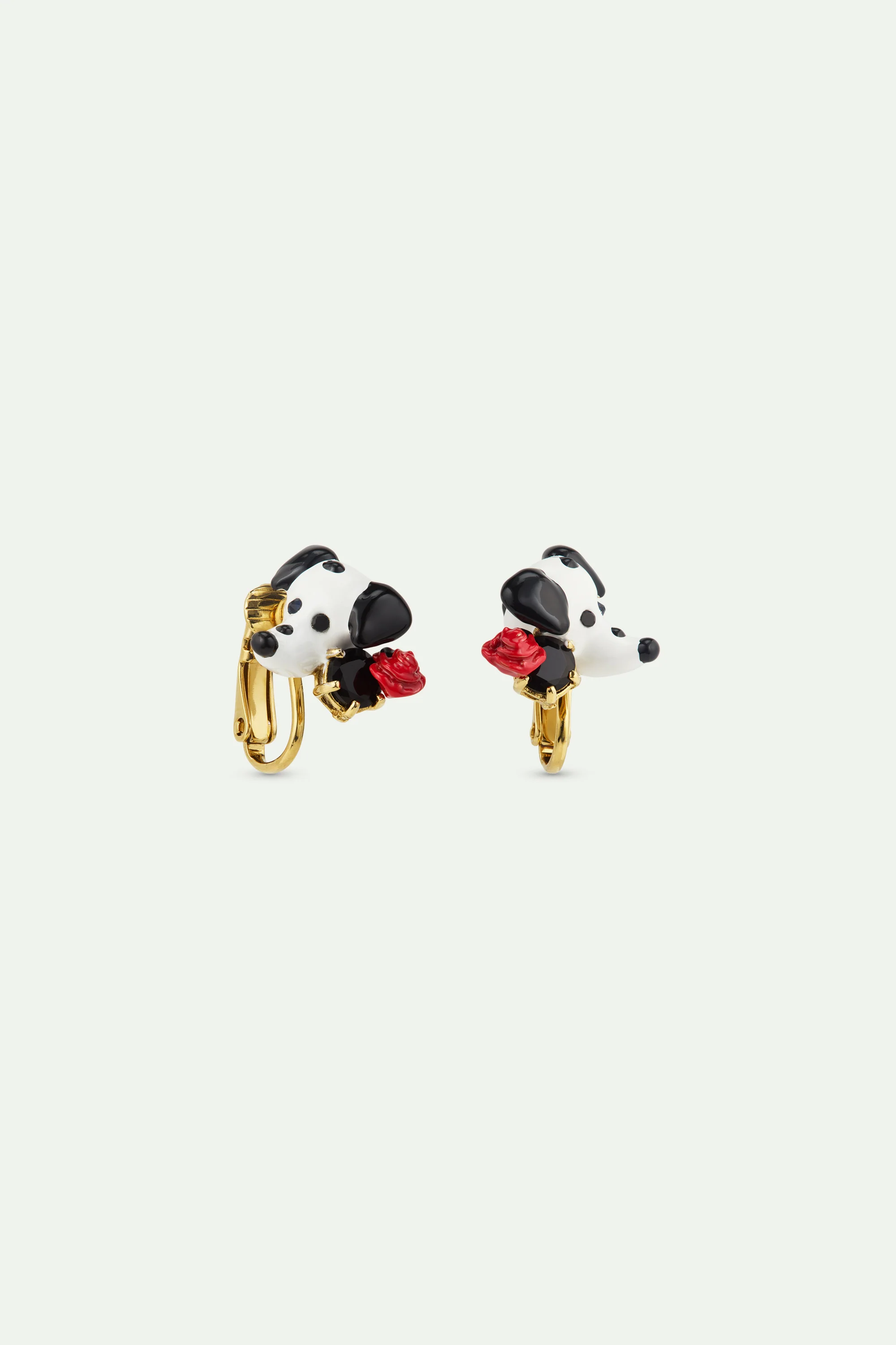 Les Néréides Loves Animals - Dalmatian Clip-On Earrings with Black Round Faceted Glass Stone and Red Rose - Image 2