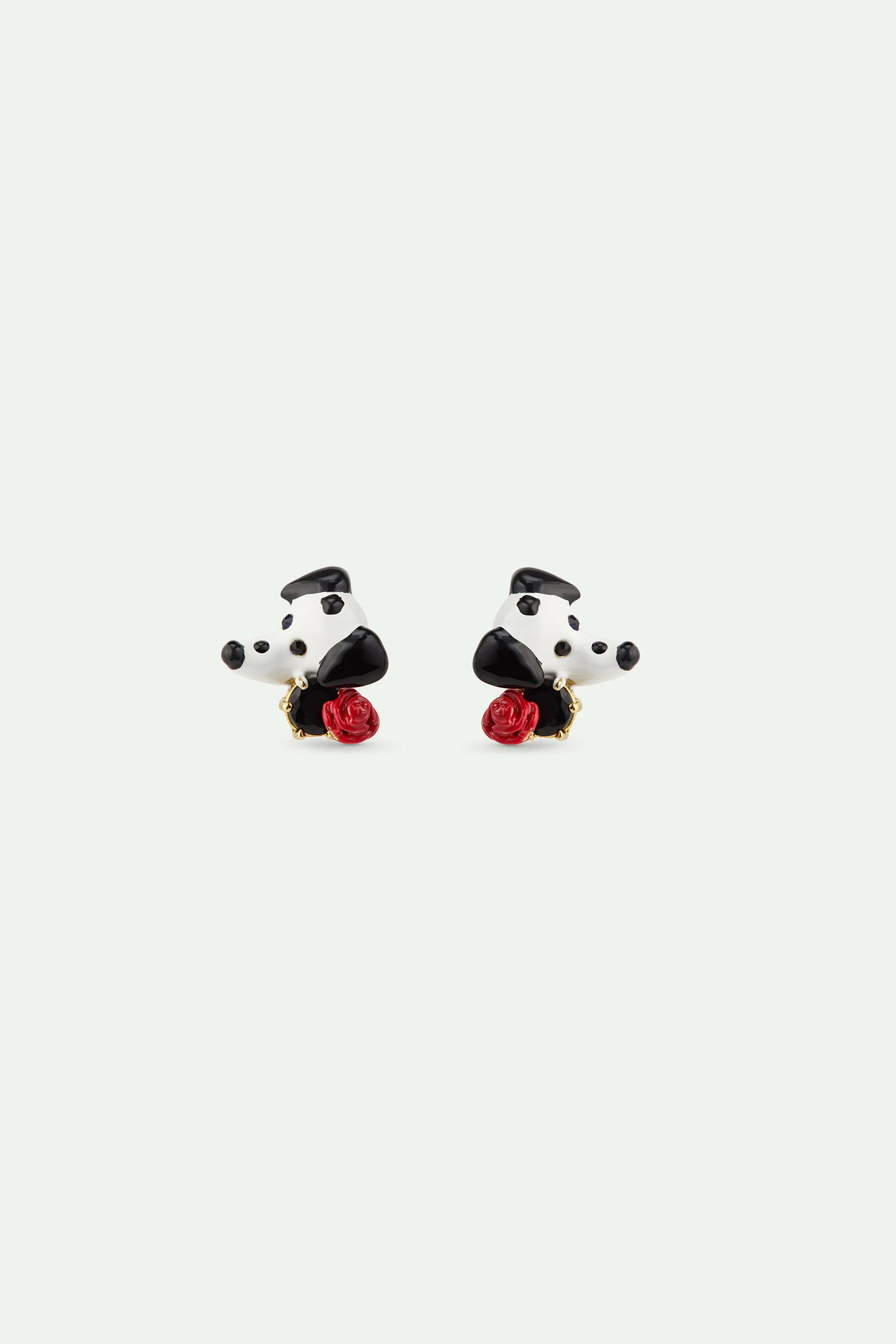 Les Néréides Loves Animals - Dalmatian Post Earrings with Black Round Faceted Glass Stone and Red Rose