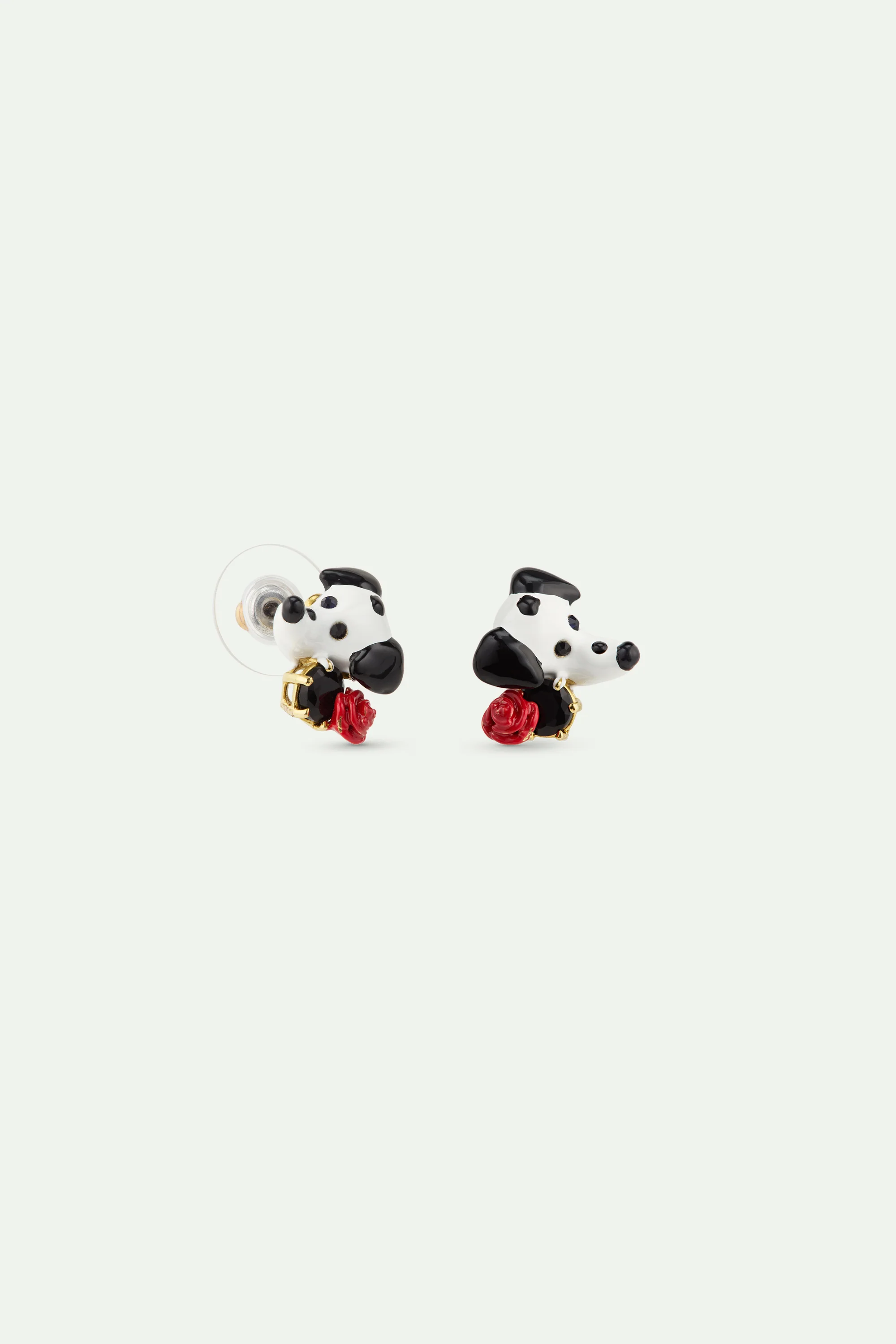 Les Néréides Loves Animals - Dalmatian Post Earrings with Black Round Faceted Glass Stone and Red Rose - Image 2