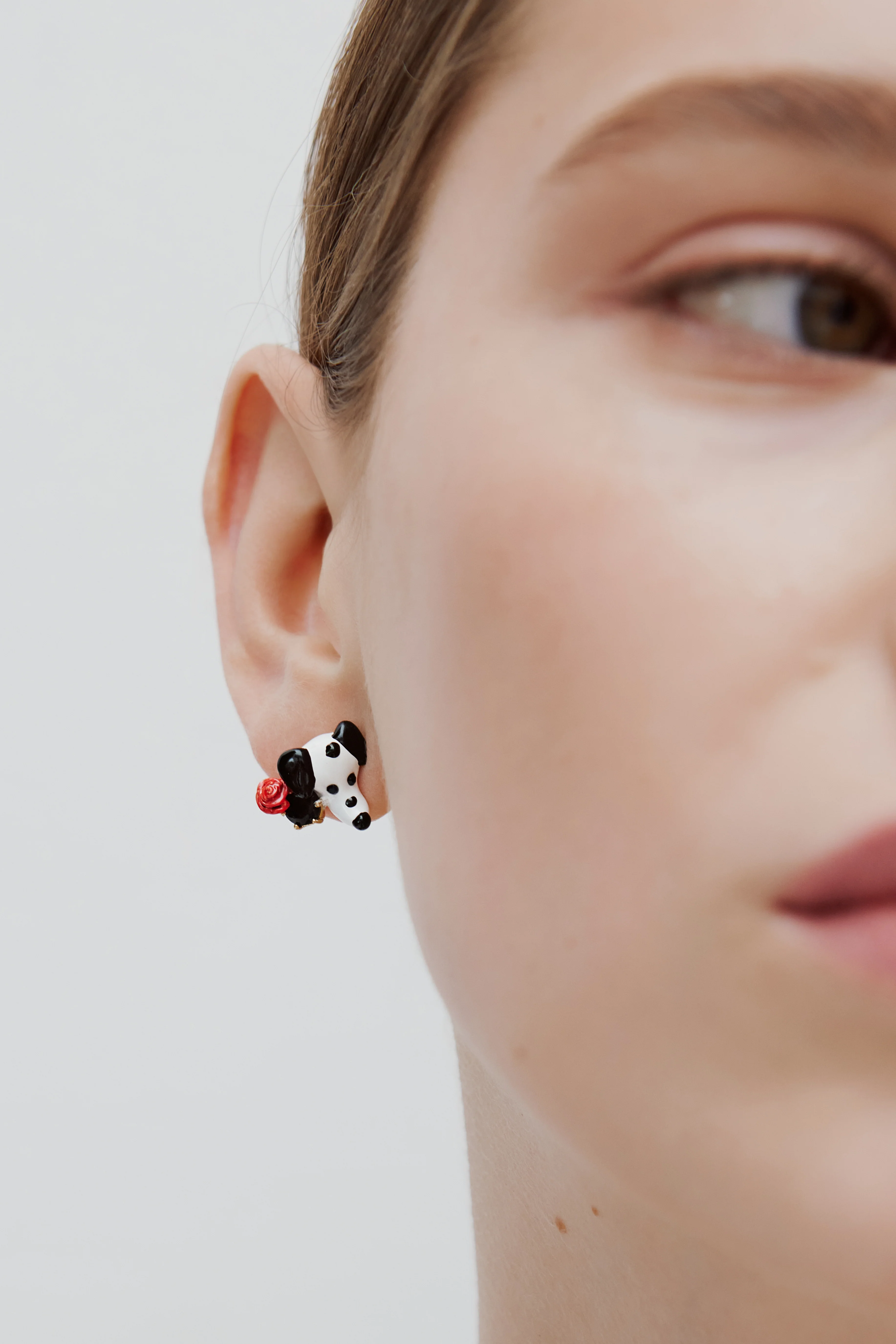 Les Néréides Loves Animals - Dalmatian Post Earrings with Black Round Faceted Glass Stone and Red Rose - Image 3