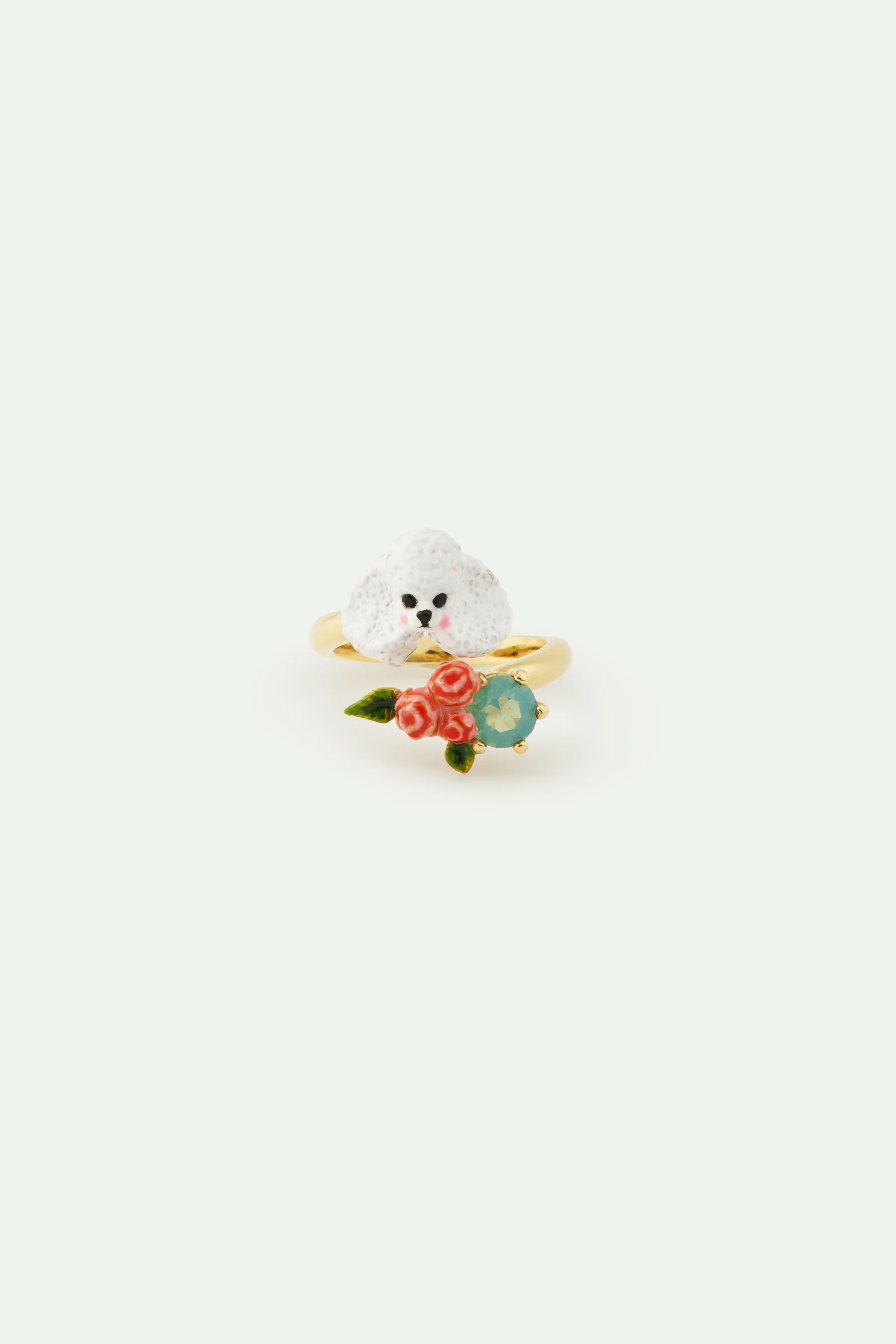 Les Néréides Loves Animals - Poodle Adjustable Ring with Pink Roses and a Blue Stone - Image 2