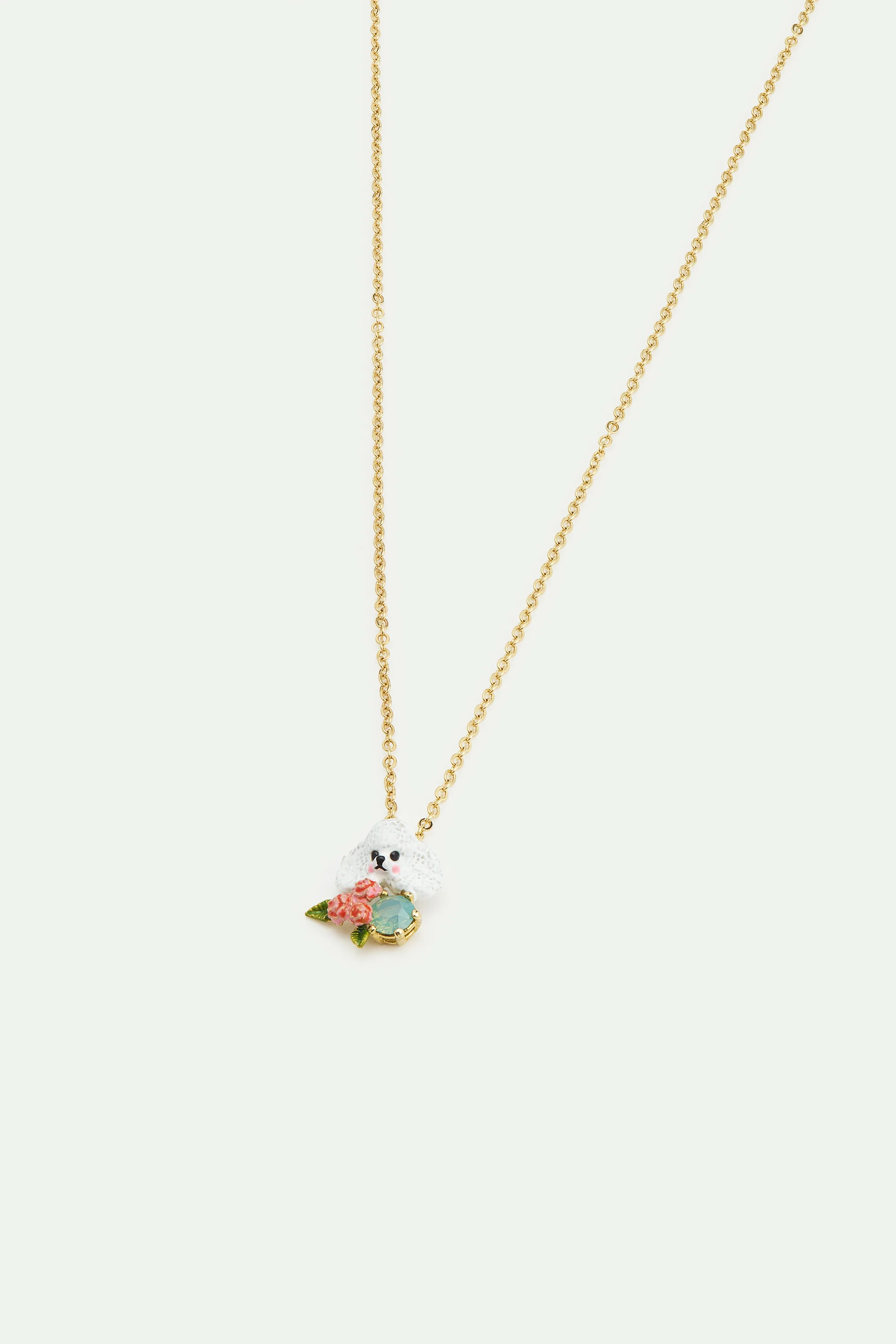 Les Néréides Loves Animals - Poodle Pendant Necklace with Pink Roses and a Blue Stone - Image 2