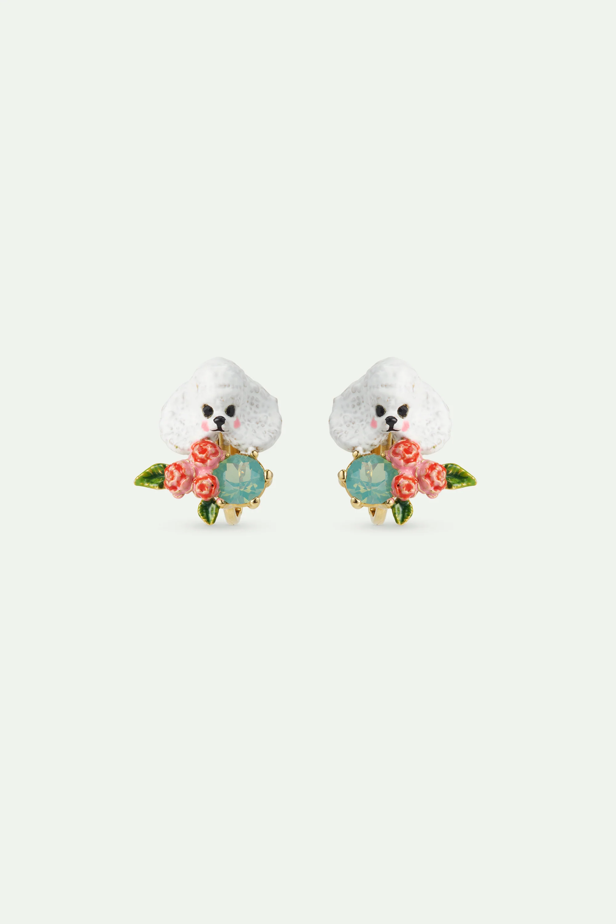 Les Néréides Loves Animals - Poodle, Pink Flowers and Blue Stone Clip-On Earrings