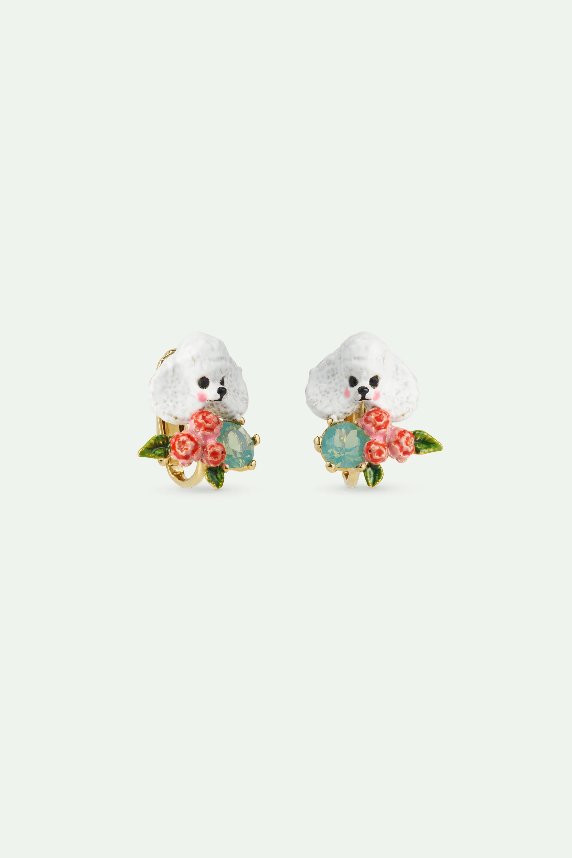 Les Néréides Loves Animals - Poodle, Pink Flowers and Blue Stone Clip-On Earrings - Image 2