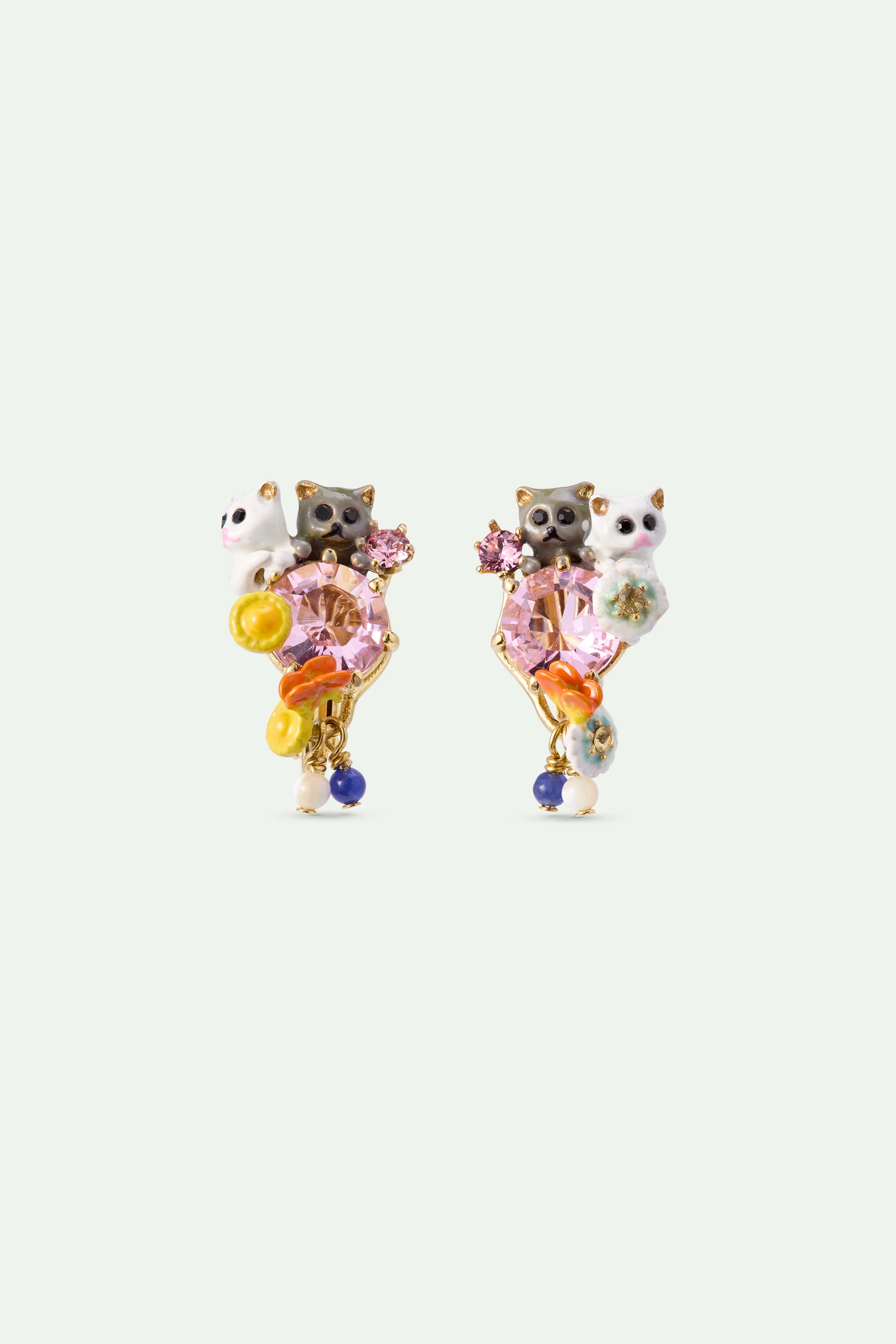 Little Cats Duo with Faceted Glass and Charms Clip Earrings
