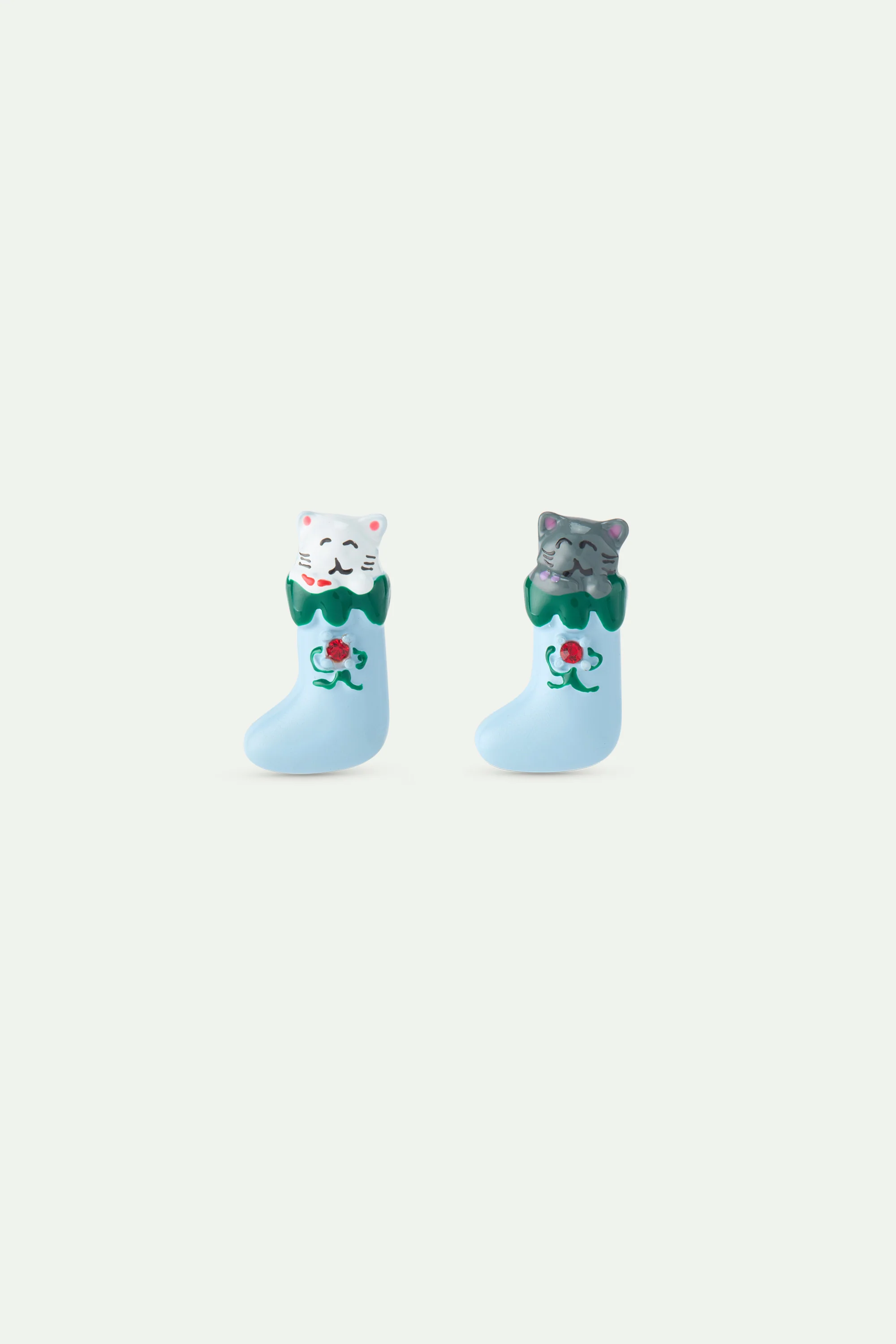 N2 Christmas Stocking Clip-On Earrings with White and Grey Cats and Red Faceted Crystal