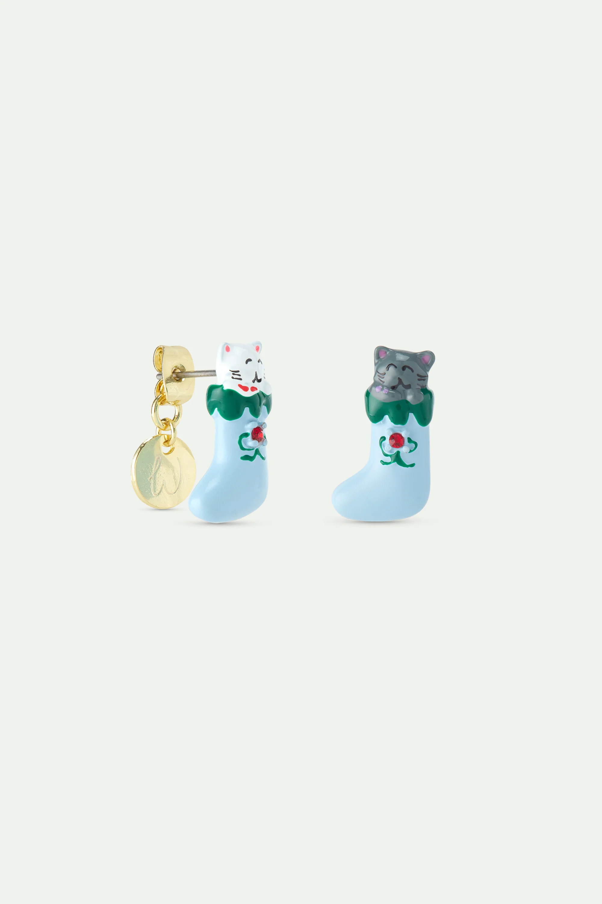N2 Christmas Stocking Post Earrings with White and Grey Cats and Red Faceted Crystal - Image 2