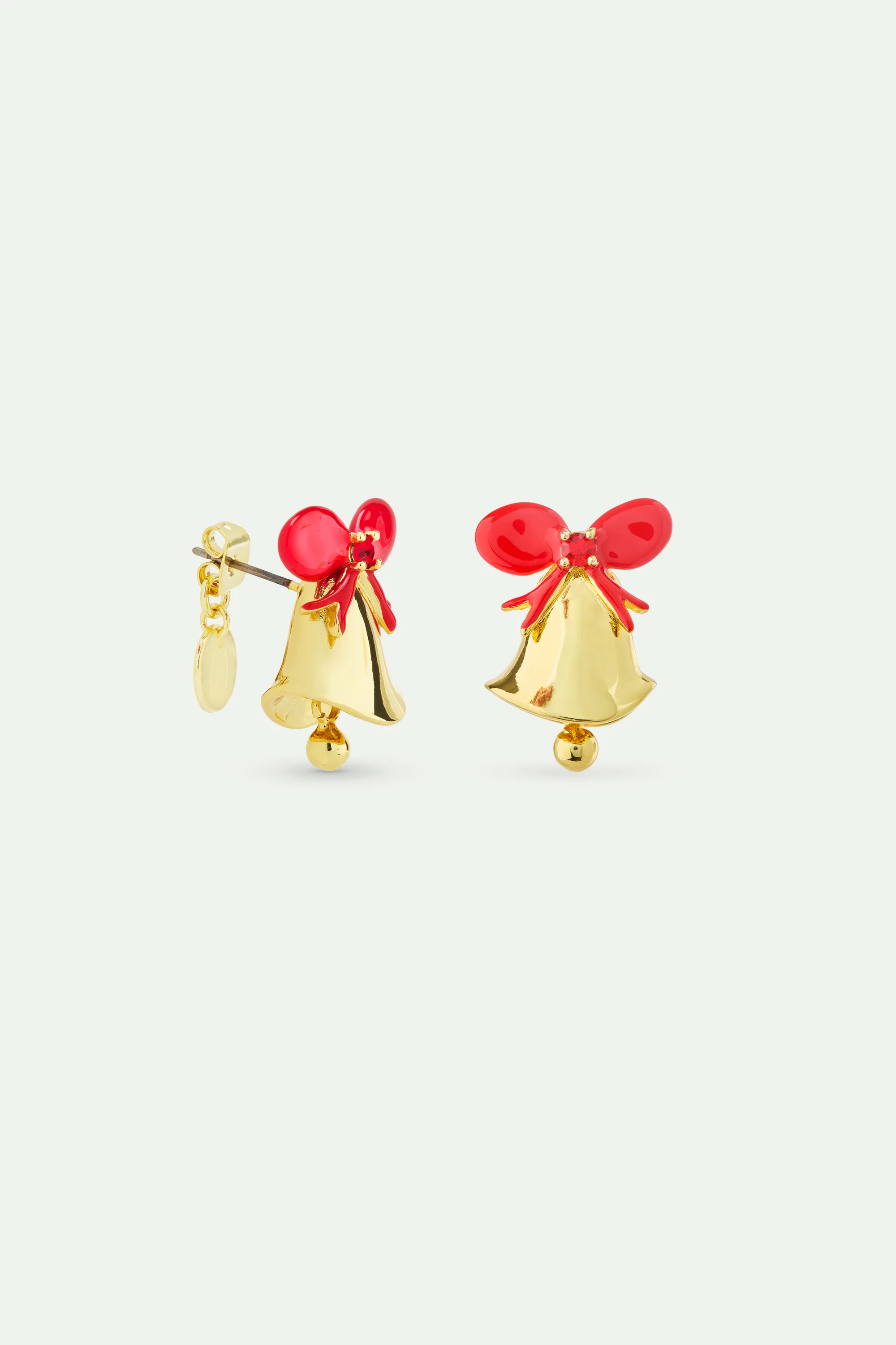 N2 Gold Bell Post Earrings, with Red Bow and Faceted Red Stone - Image 2