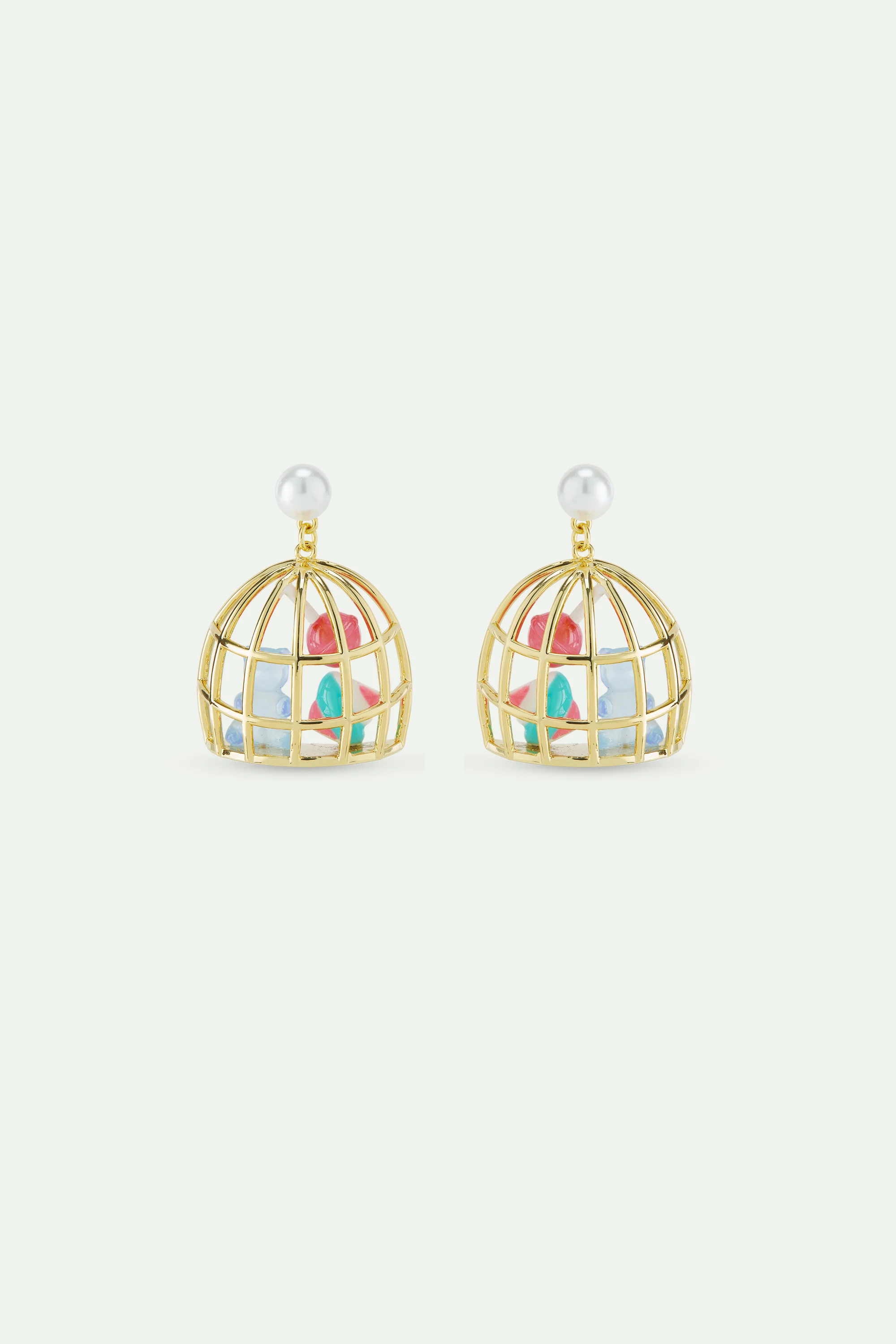 N2 Gold Cage Clip-On Earrings with Blue Teddy Bear Sweet, Marshmallow and Lollipop