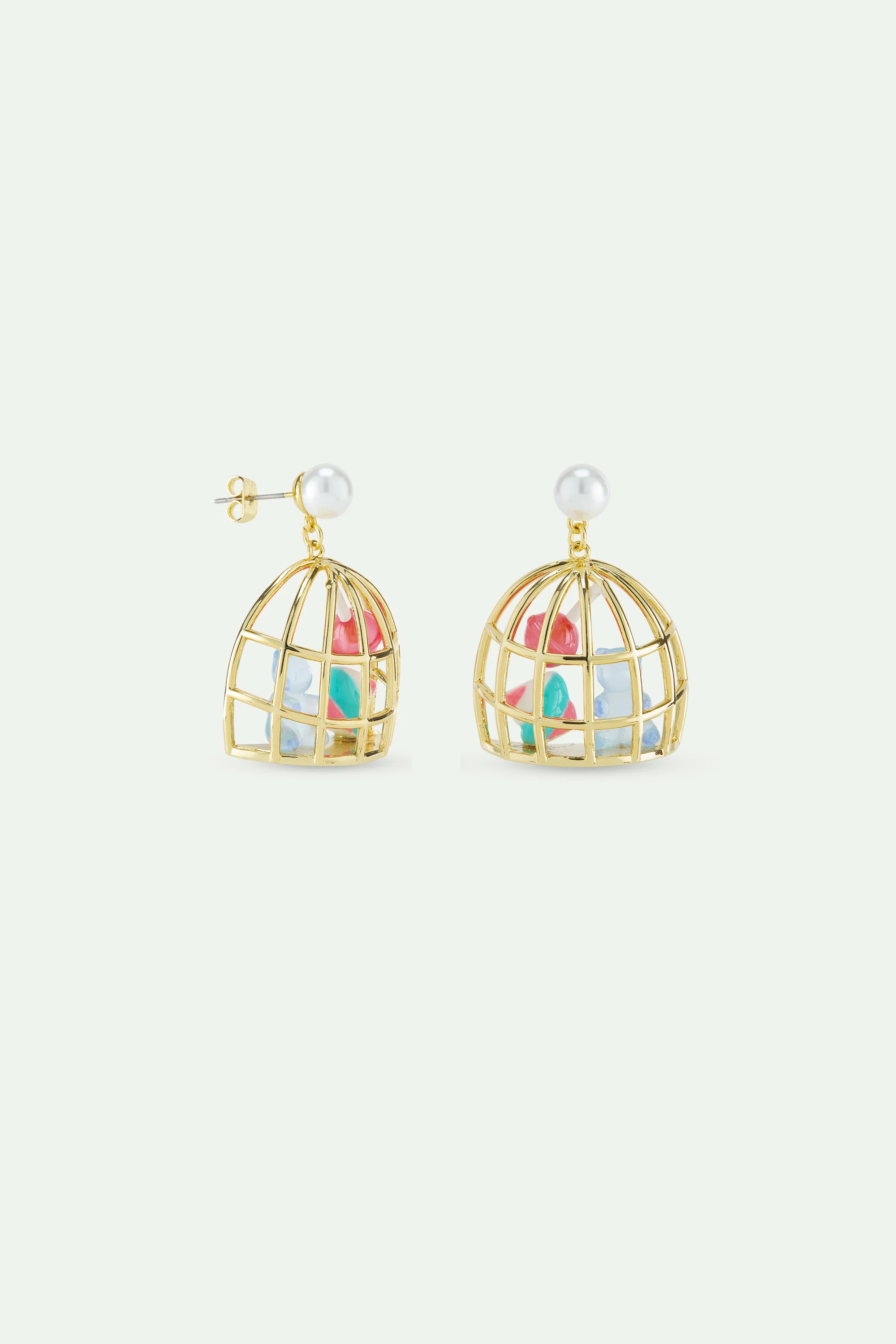 N2 Gold Cage Post Earrings with Blue Teddy Bear Sweet, Marshmallow and Lollipop - Image 2