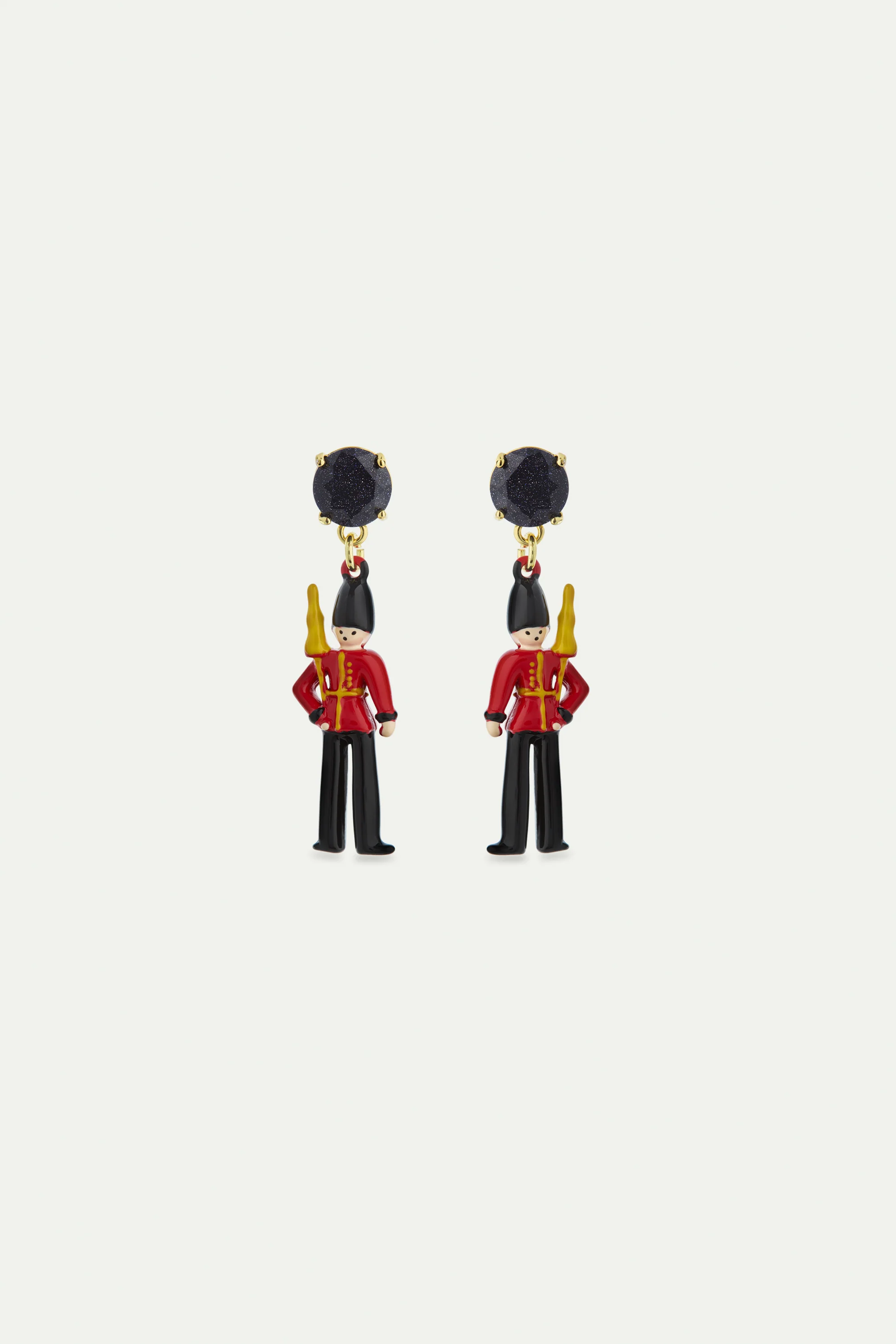 N2 Post Earrings with Black and Red King's Guards and Black Faceted Glass