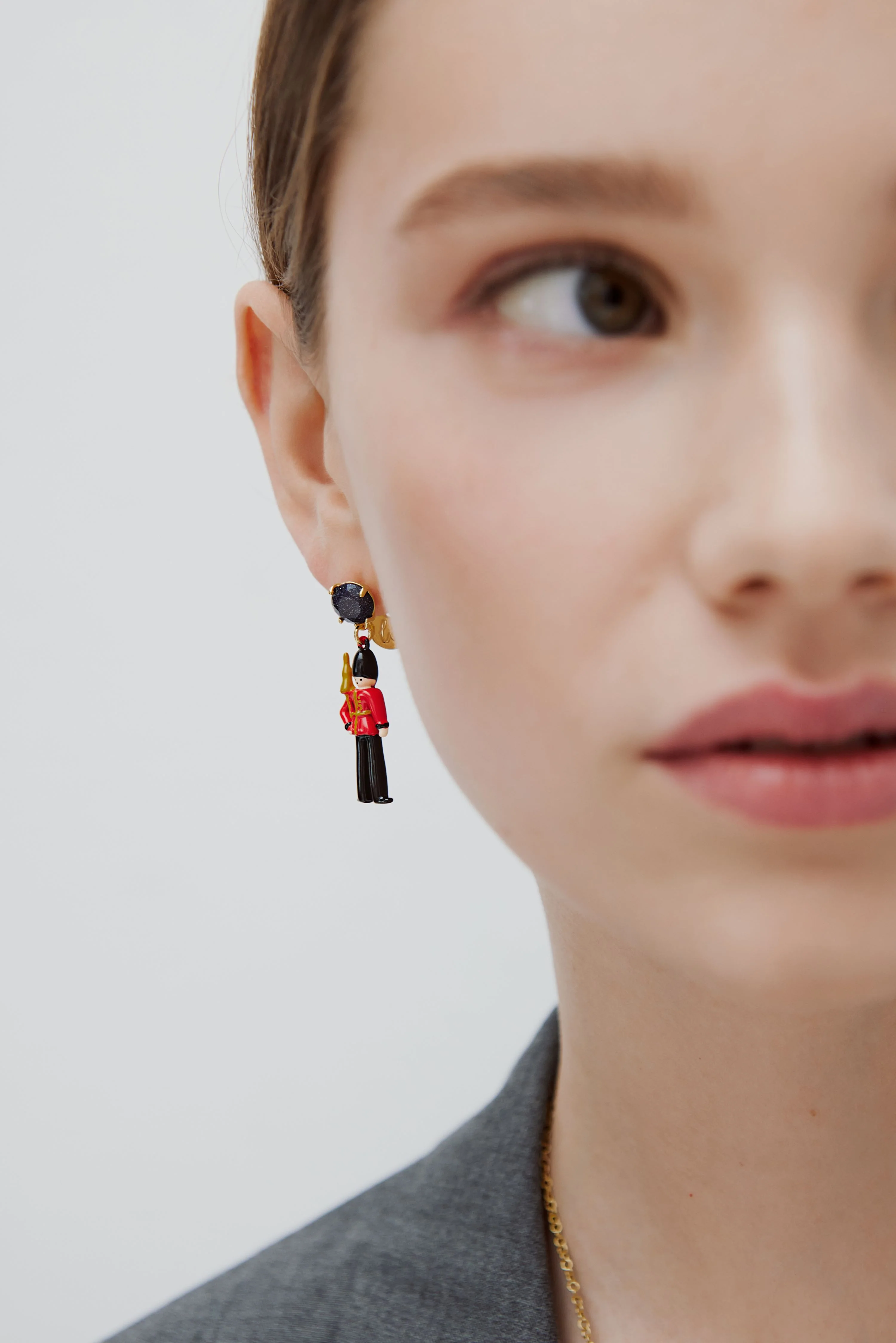 N2 Post Earrings with Black and Red King's Guards and Black Faceted Glass - Image 3