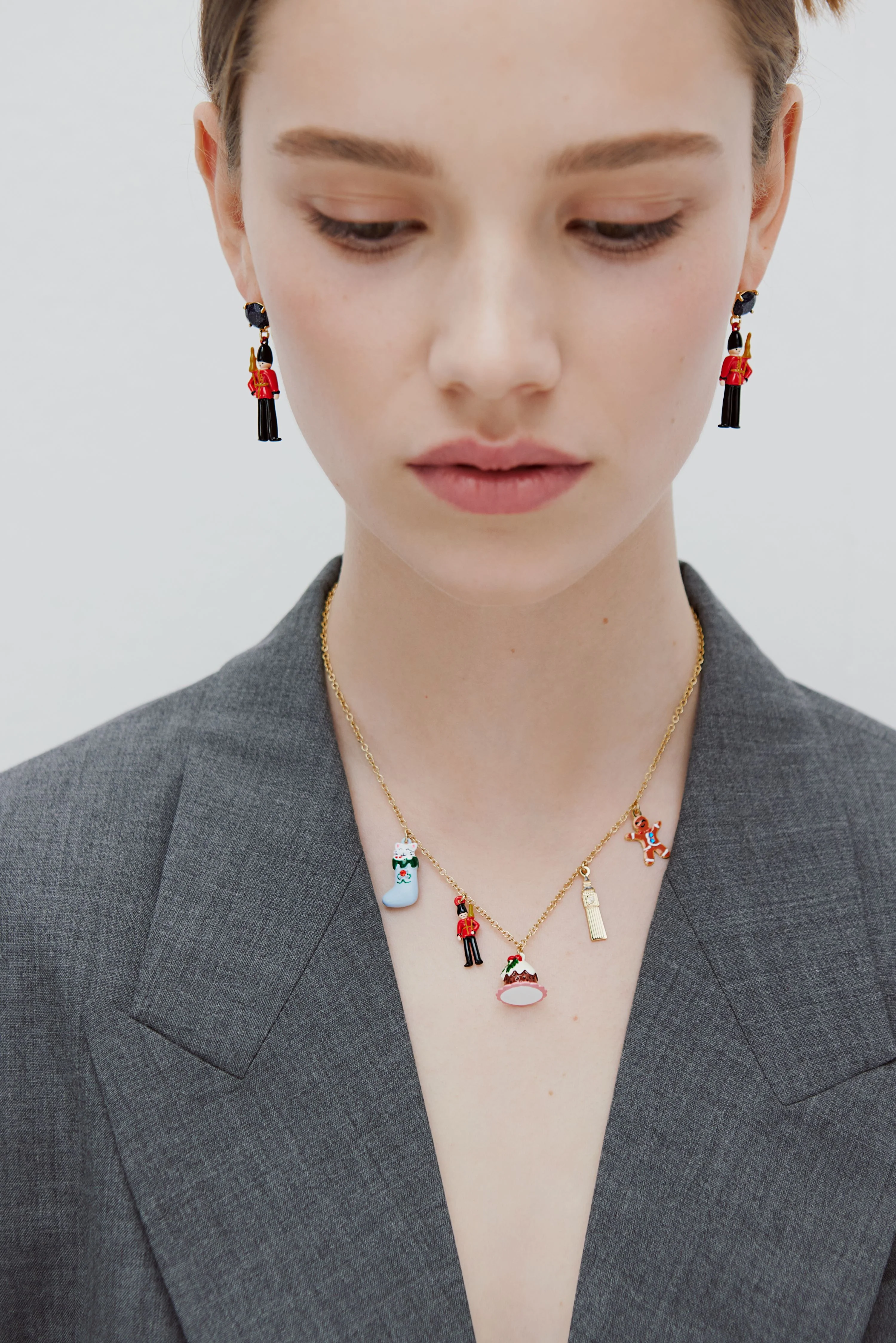 N2 Post Earrings with Black and Red King's Guards and Black Faceted Glass - Image 4