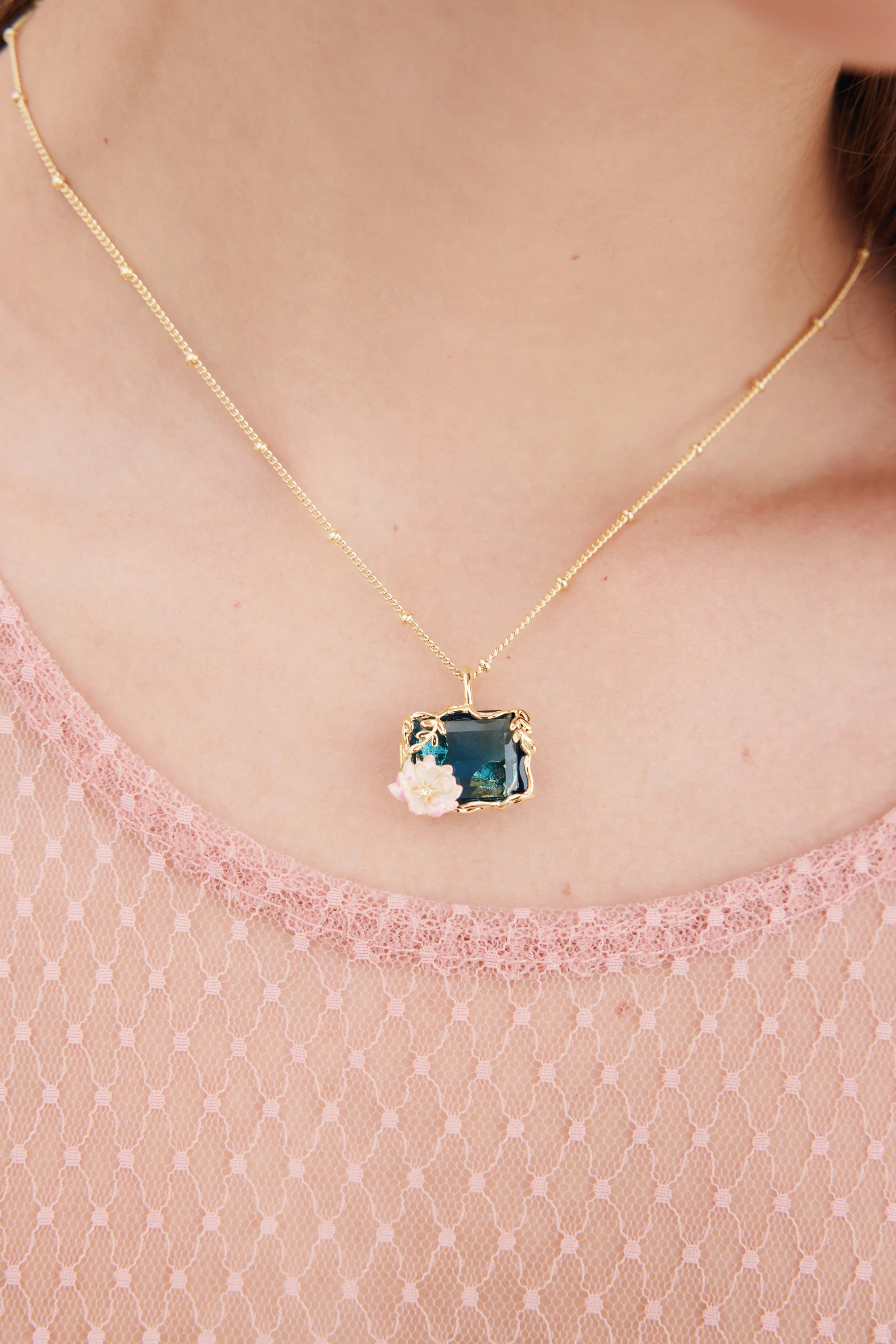 Necklace with Blue and Pink Water Lily Pendant - Image 4