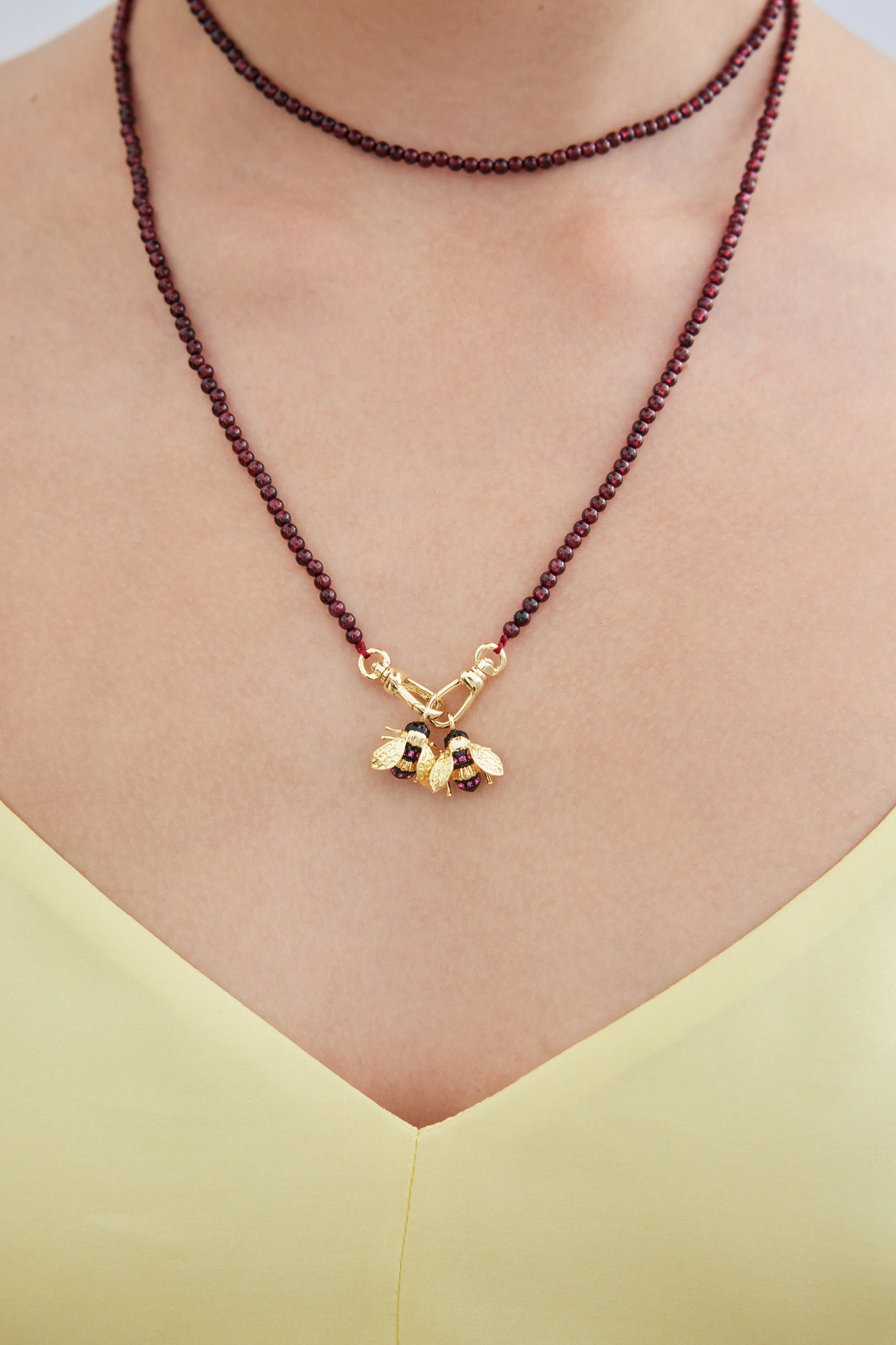 Necklace with Garnet Beads and Gold Bees - Image 2