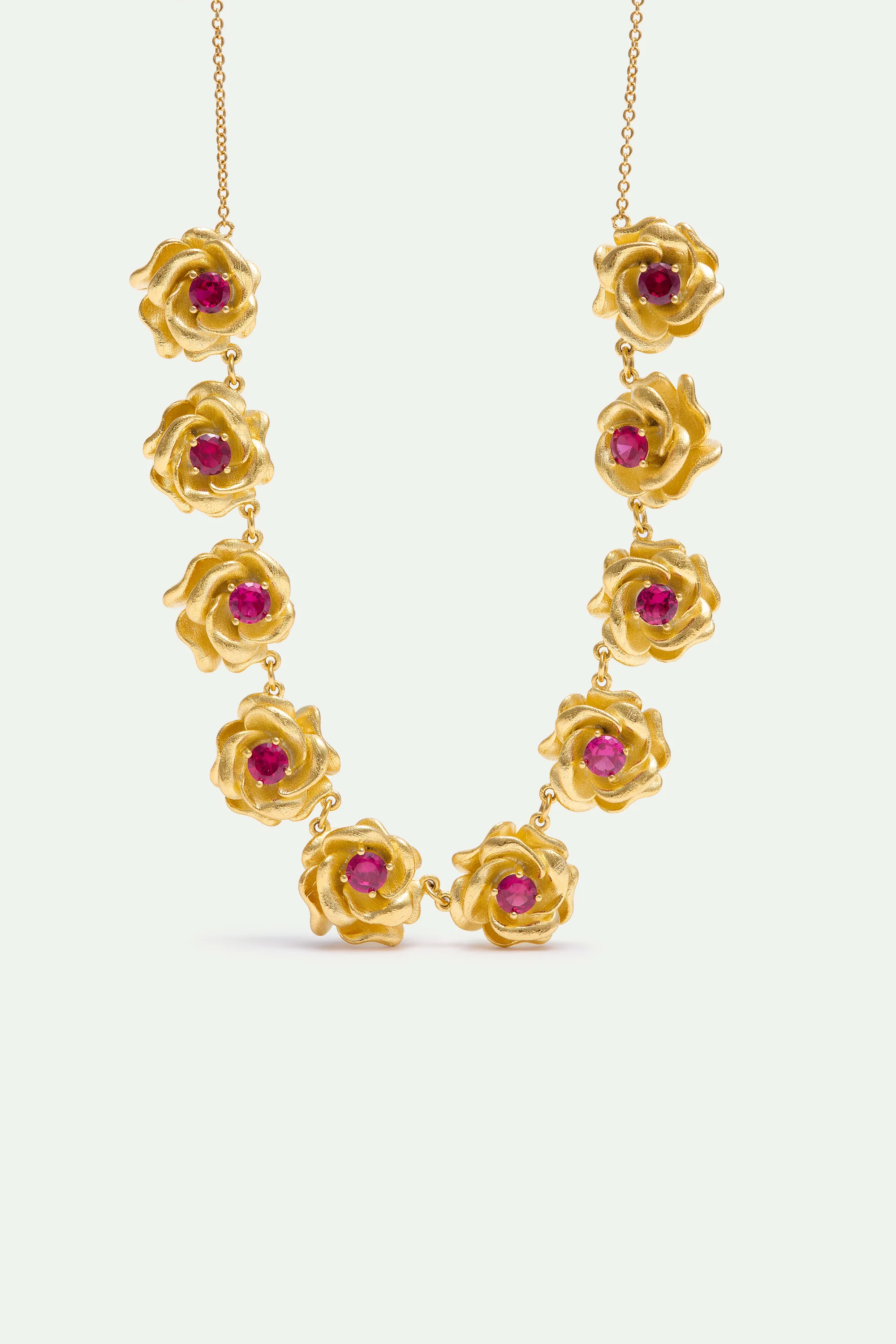 Necklace with Gold Mona Lisa Roses and Pink Stones