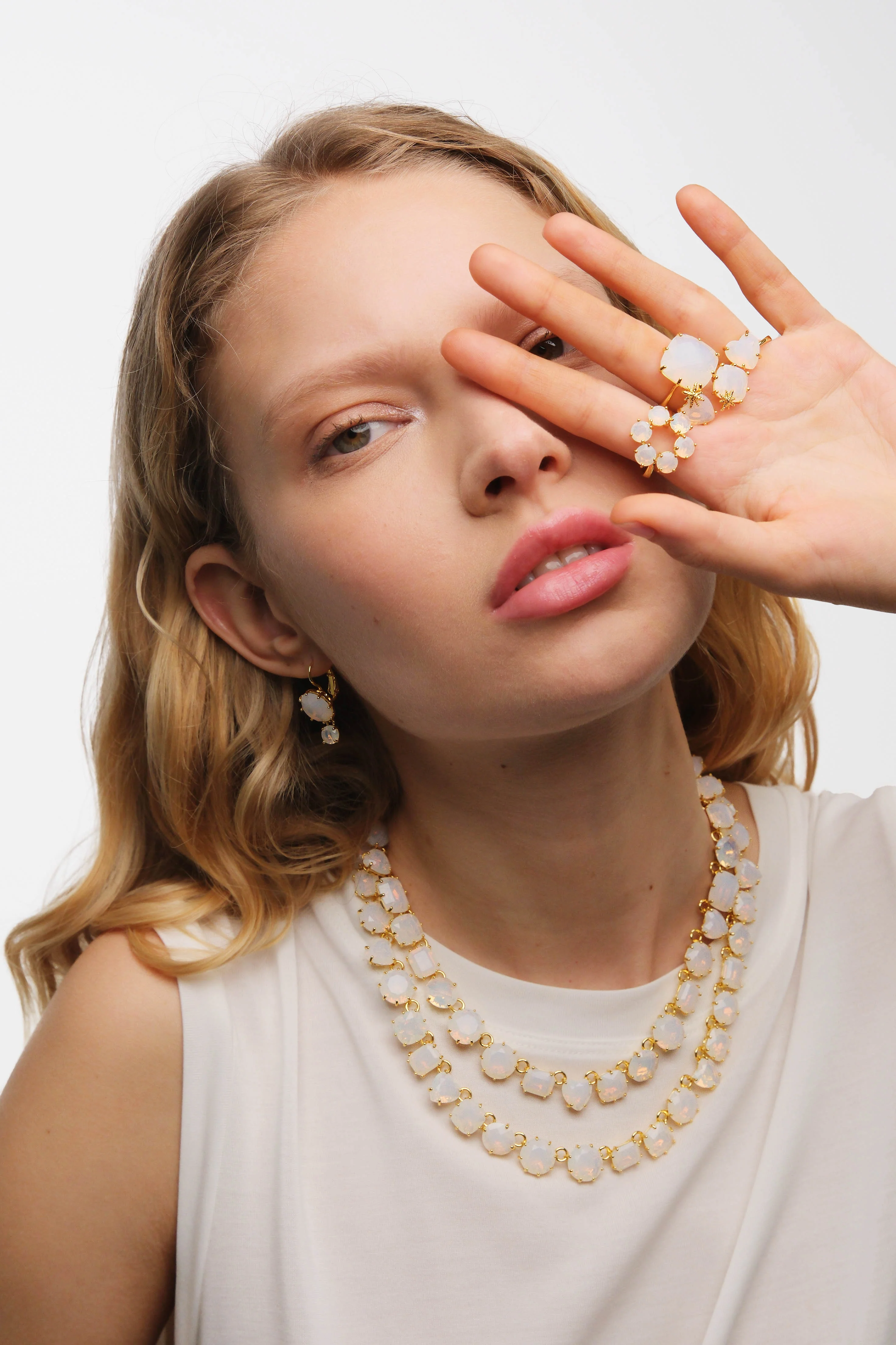 Opalescent White Diamantine Fine Ring with Six Round Stones - Image 3