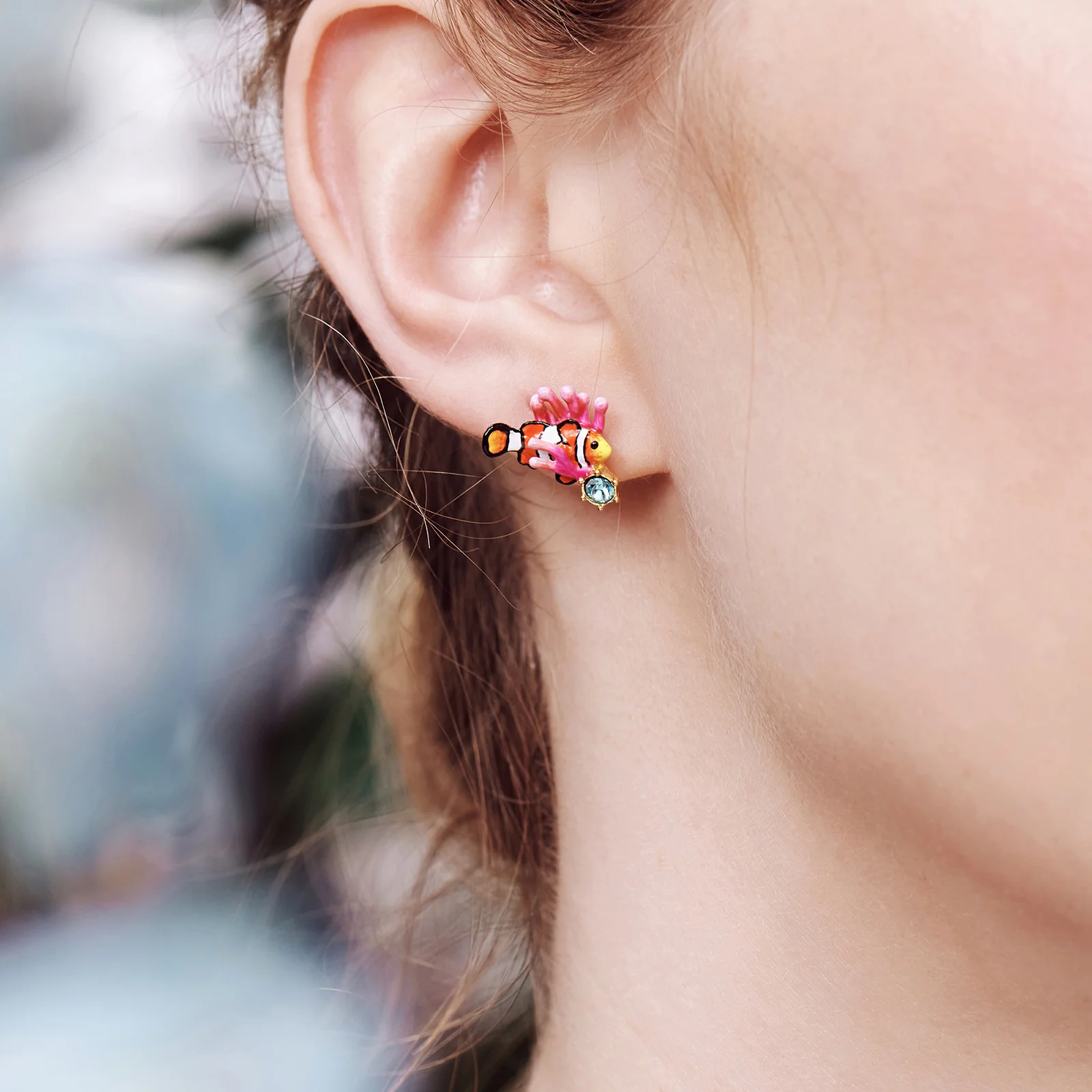Out at Sea Clownfish, Pink Anemone and light blue faceted glass post earrings - Image 3