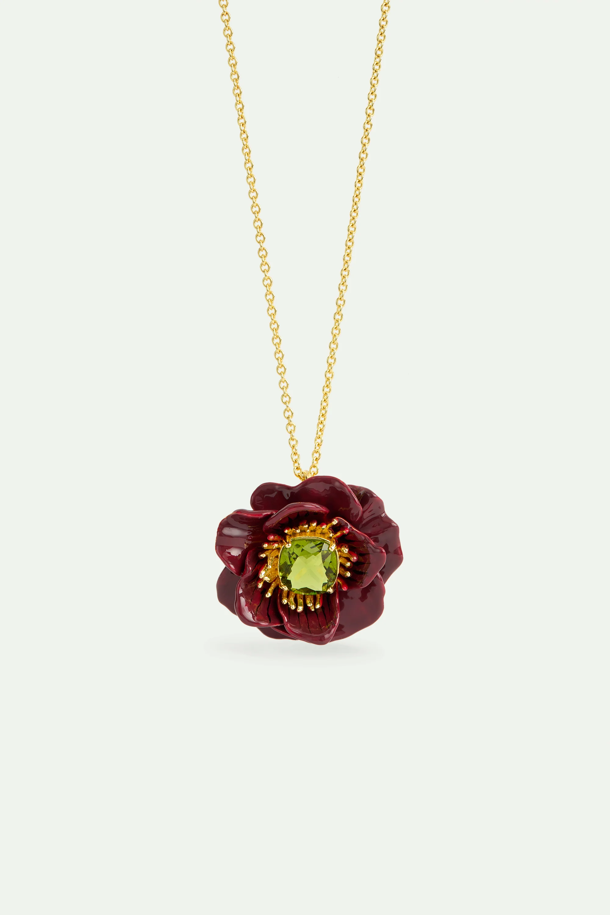 Pendant Necklace with Burgundy Anemone Flower and Green Faceted Stone