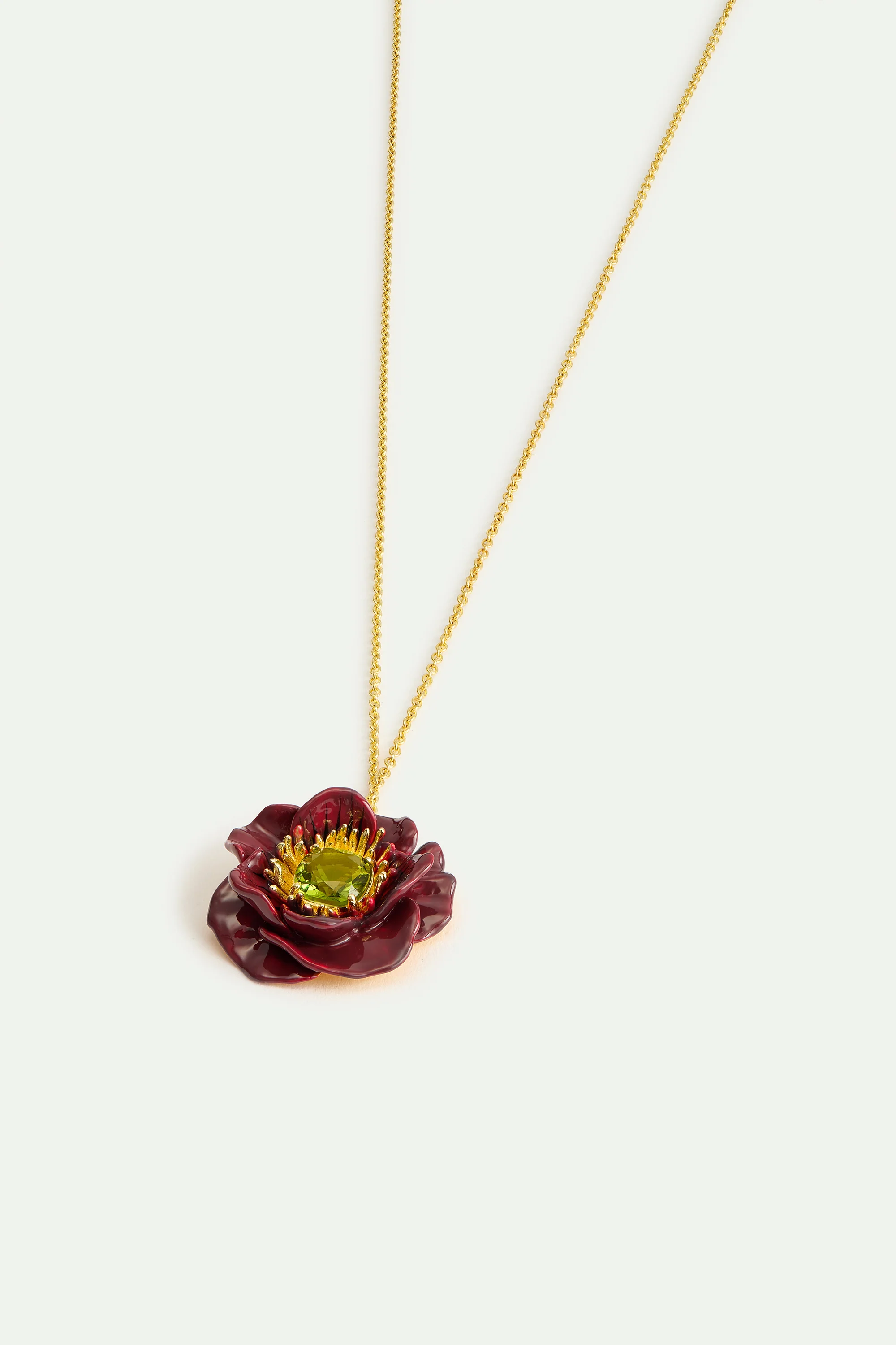 Pendant Necklace with Burgundy Anemone Flower and Green Faceted Stone - Image 2