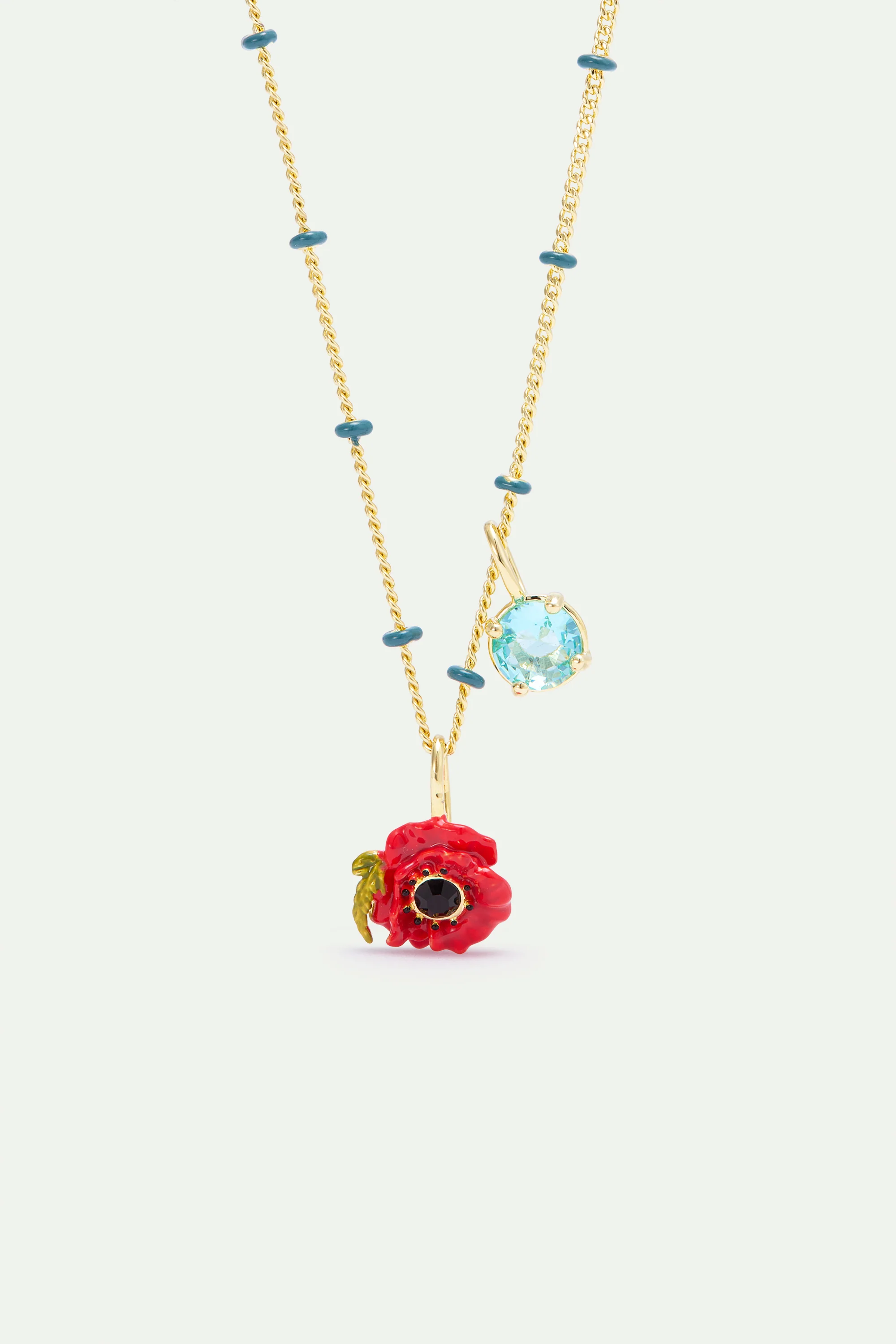 Pendant Necklace with Red Poppy and Round Blue Stone