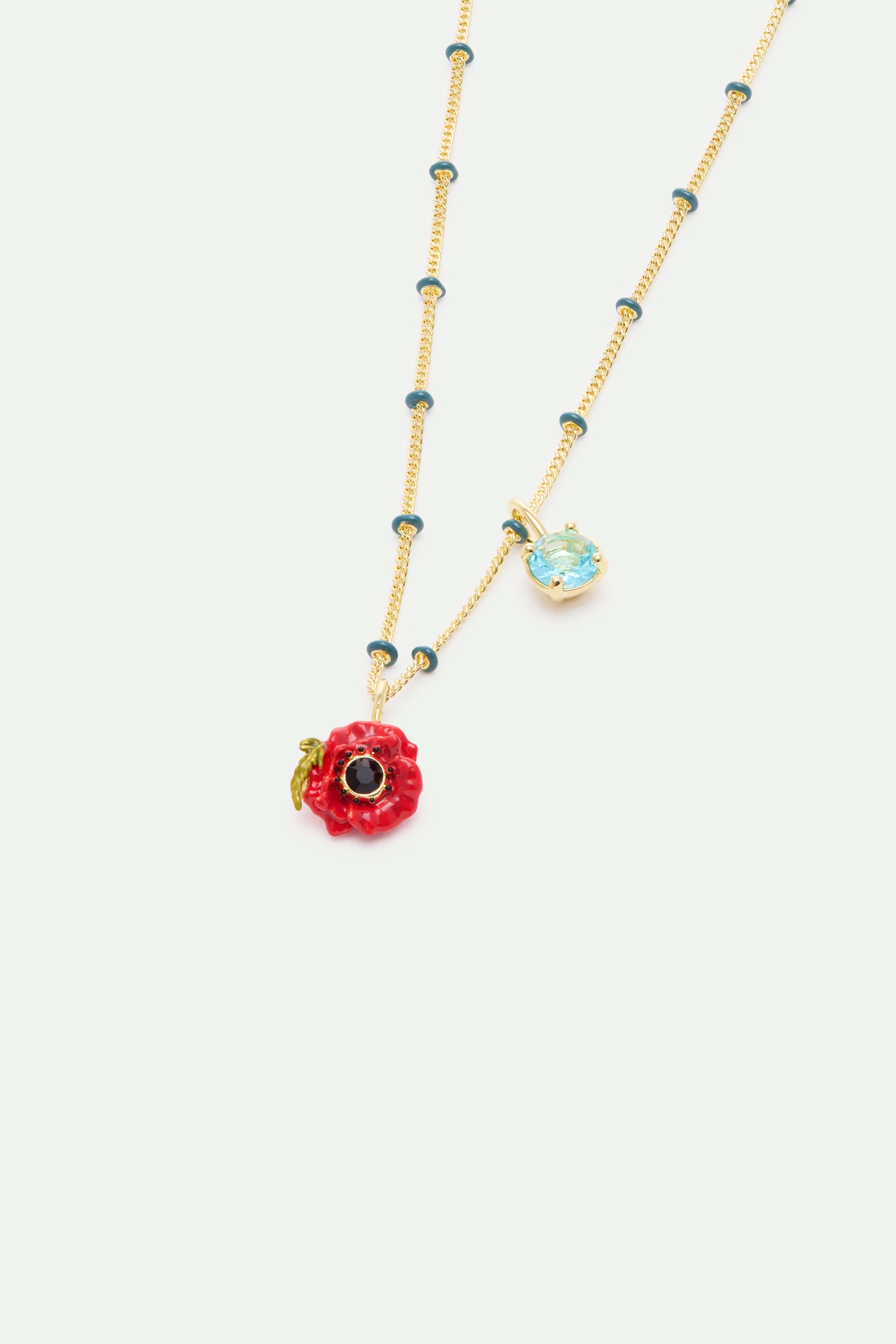 Pendant Necklace with Red Poppy and Round Blue Stone - Image 2